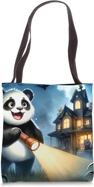Panda Exploring Spooky Mansion With Flashlight. Halloween Tote Bag