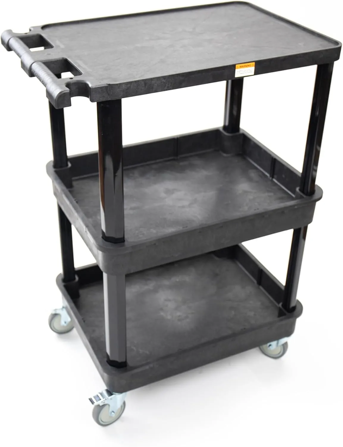 Pearington 3-Shelf Multipurpose Mobile Utility Cart with 2 Bins and Lockable Wheels, Heavy-Duty Plastic Rolling Presentation Cart for Offices and Warehouses, Black