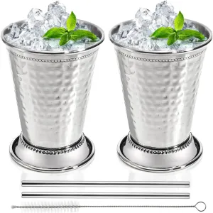 Peohud Set of 2 Mint Julep Cups, 12 Oz Hammered Stainless Steel Drinking Glasses with Straws, Silver Metal Cocktail Glasses for Party Bar Home Restaurant Beer Juice Beverage