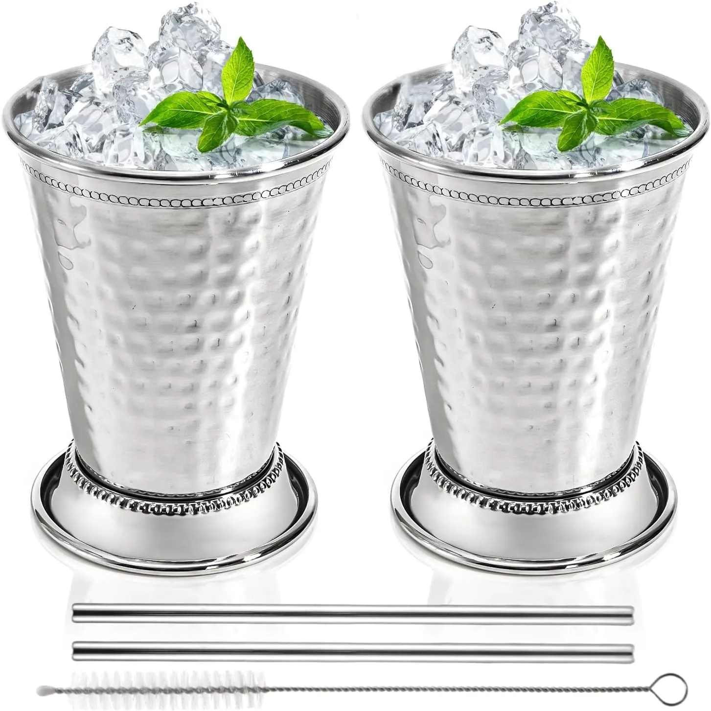 Peohud Set of 2 Mint Julep Cups, 12 Oz Hammered Stainless Steel Drinking Glasses with Straws, Silver Metal Cocktail Glasses for Party Bar Home Restaurant Beer Juice Beverage
