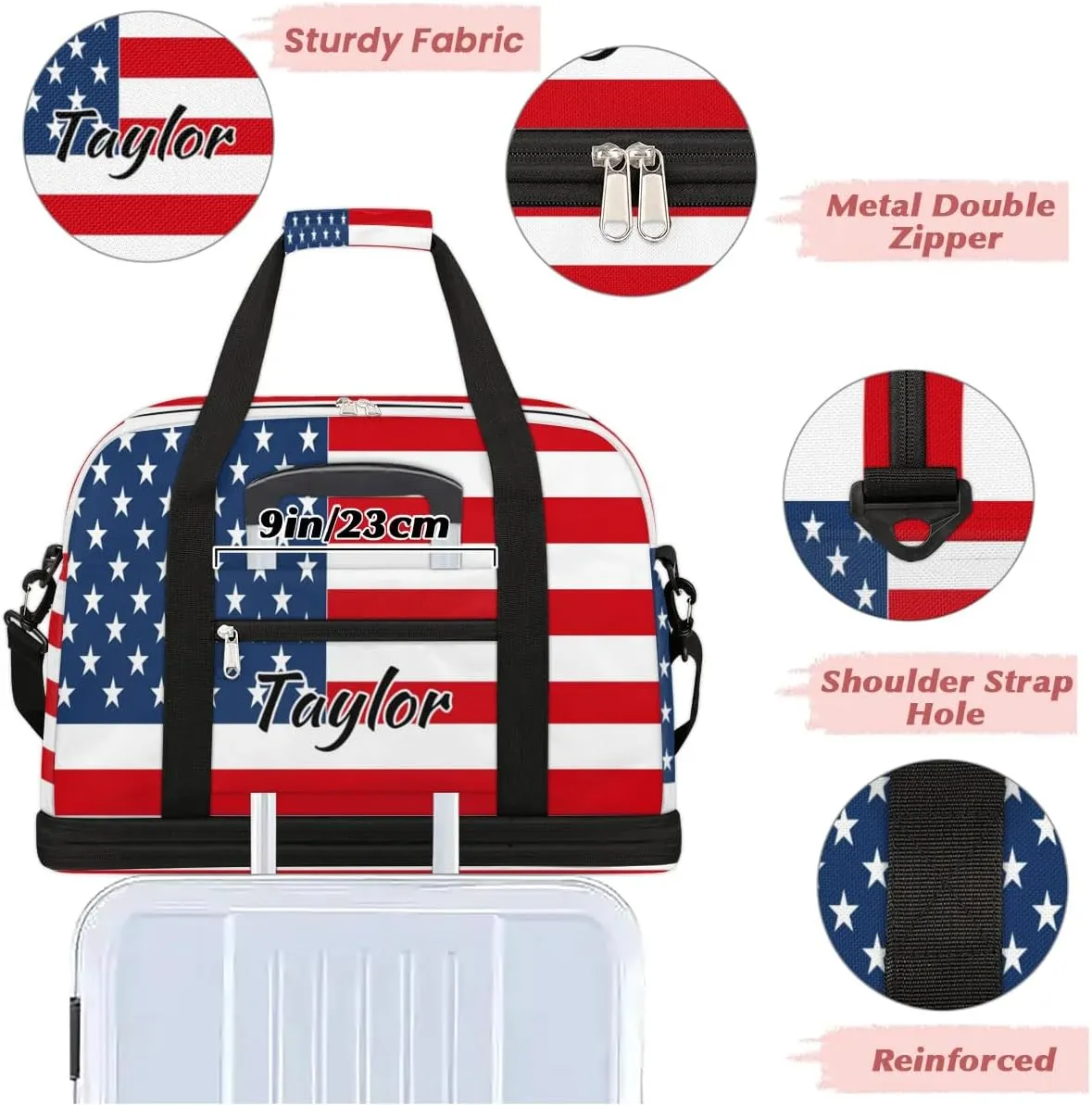 Personalized Duffel Bag with Name, Custom 4th Of July Travel Sports Gym Yoga Beach Bag Customized Weekender Overnight Bag with Shoes Compartment for Women, American Flag