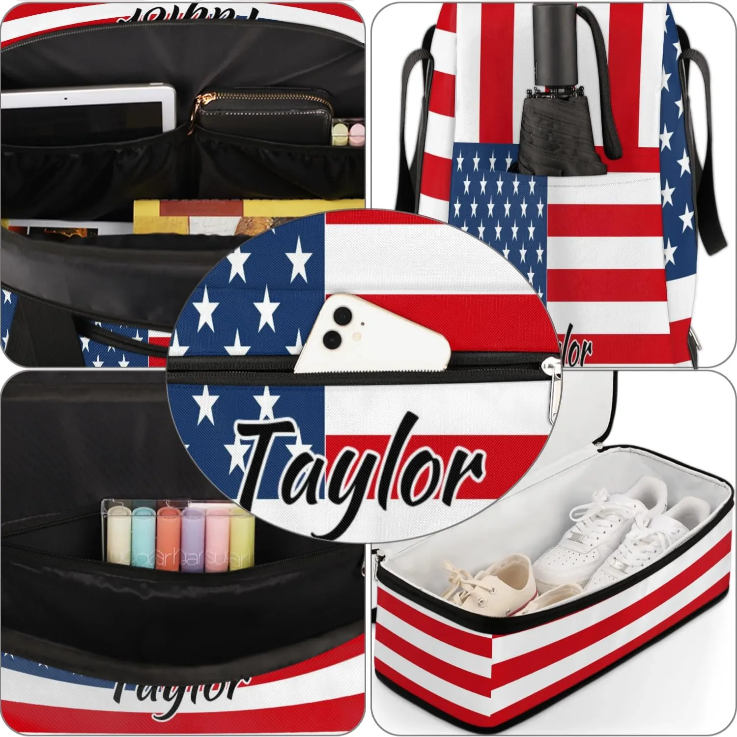 Personalized Duffel Bag with Name, Custom 4th Of July Travel Sports Gym Yoga Beach Bag Customized Weekender Overnight Bag with Shoes Compartment for Women, American Flag
