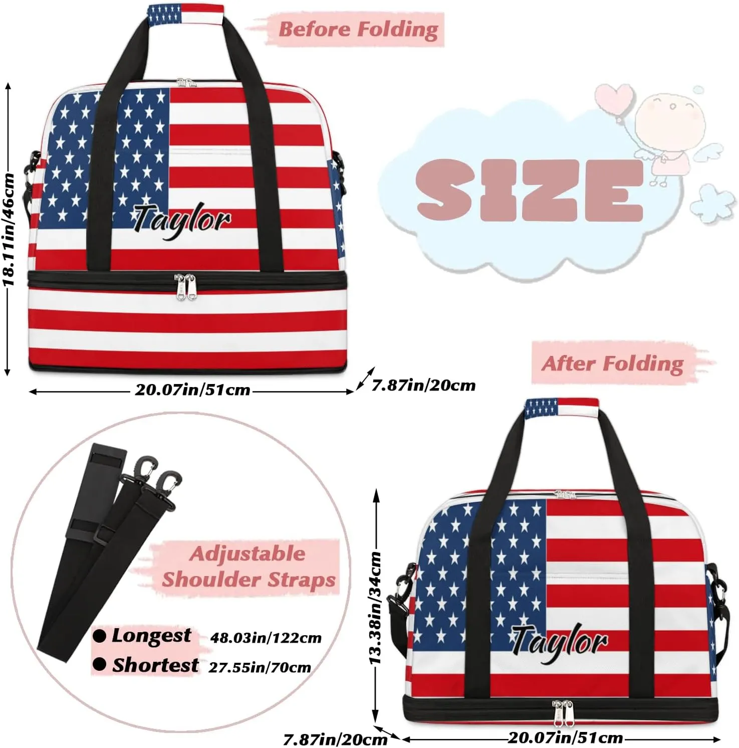 Personalized Duffel Bag with Name, Custom 4th Of July Travel Sports Gym Yoga Beach Bag Customized Weekender Overnight Bag with Shoes Compartment for Women, American Flag