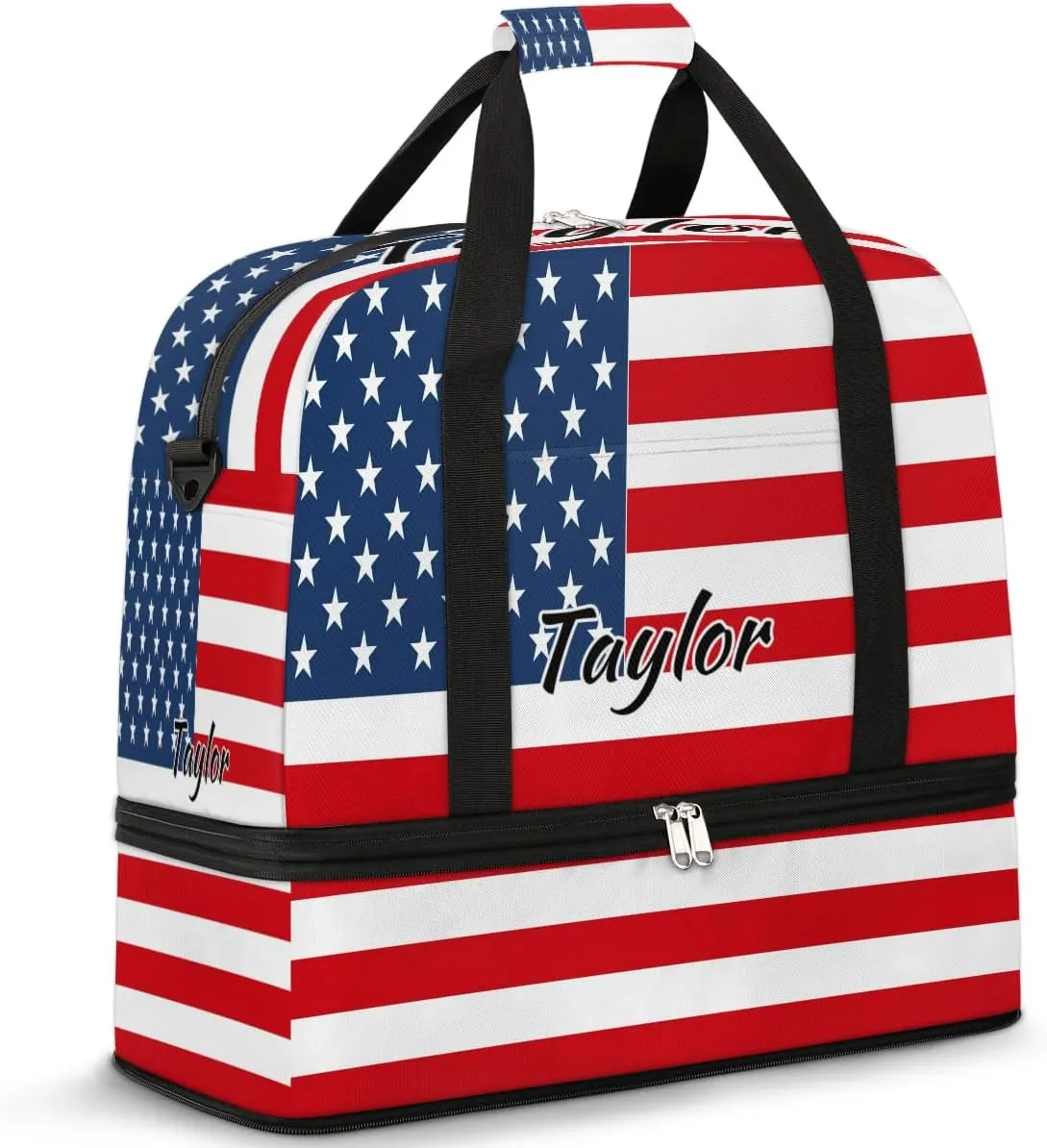 Personalized Duffel Bag with Name, Custom 4th Of July Travel Sports Gym Yoga Beach Bag Customized Weekender Overnight Bag with Shoes Compartment for Women, American Flag