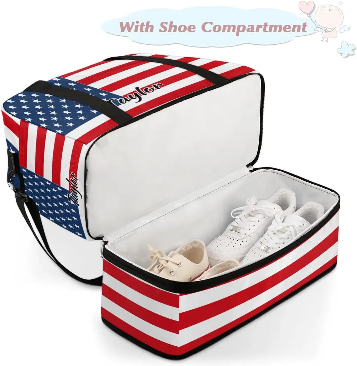 Personalized Duffel Bag with Name, Custom 4th Of July Travel Sports Gym Yoga Beach Bag Customized Weekender Overnight Bag with Shoes Compartment for Women, American Flag