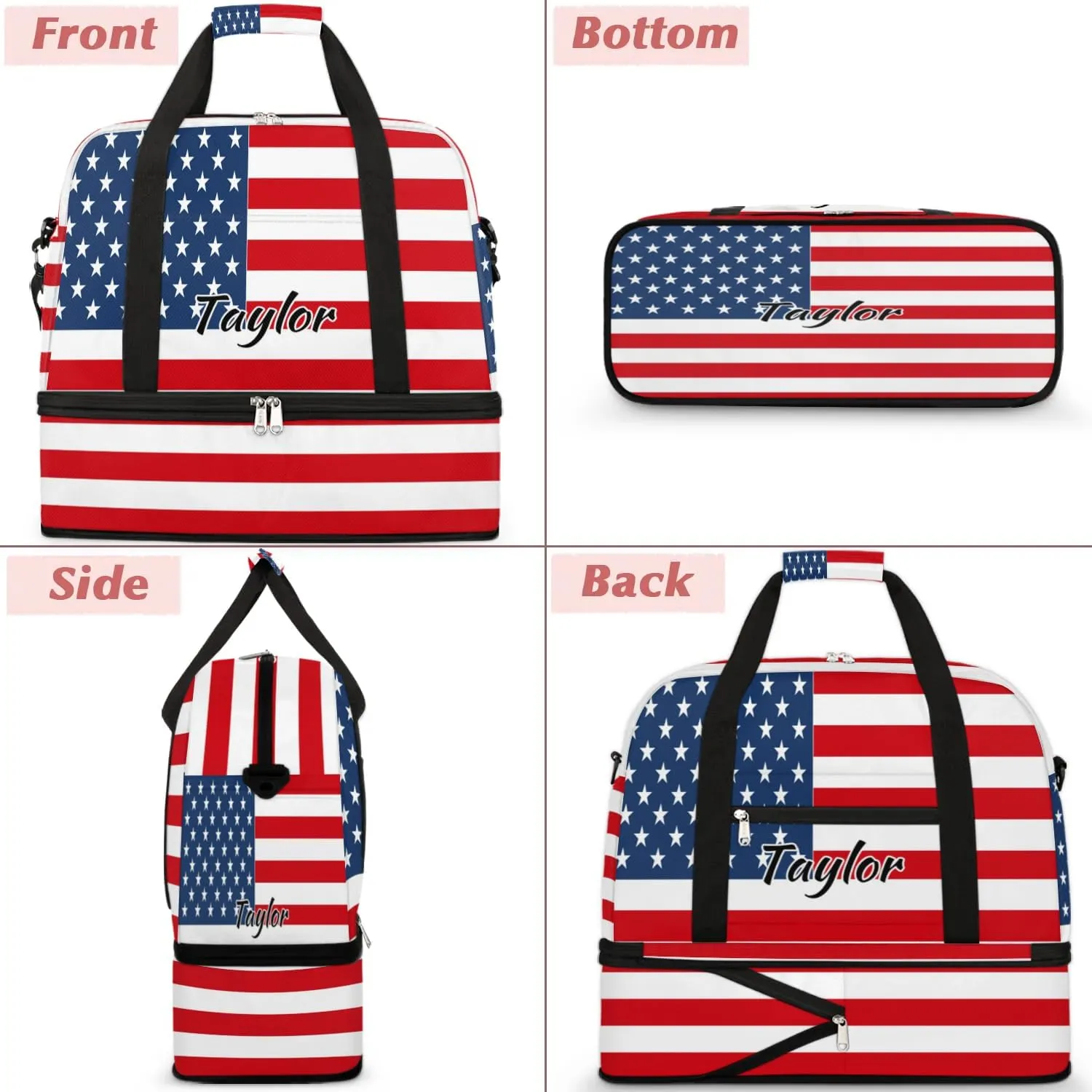 Personalized Duffel Bag with Name, Custom 4th Of July Travel Sports Gym Yoga Beach Bag Customized Weekender Overnight Bag with Shoes Compartment for Women, American Flag