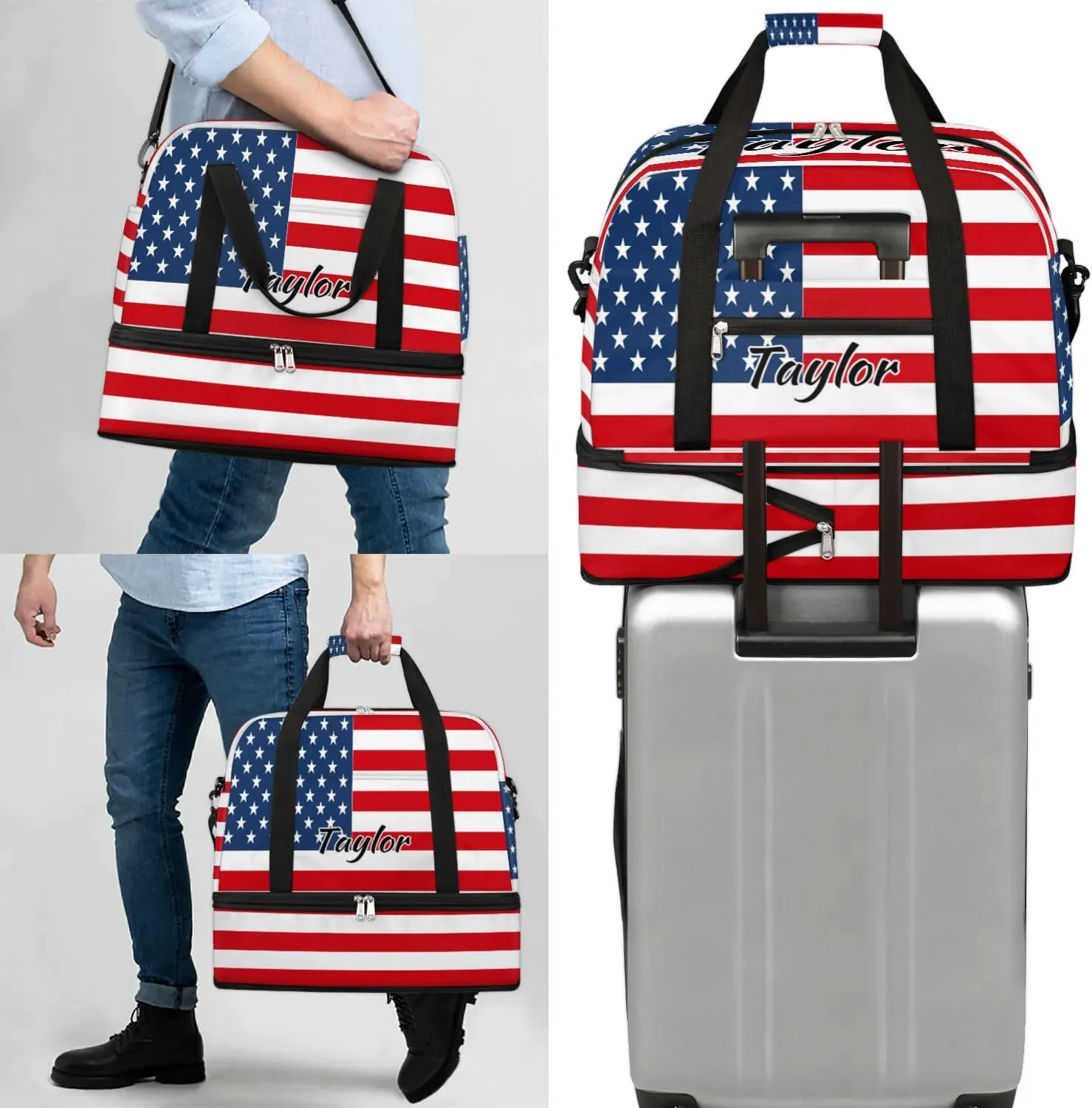 Personalized Duffel Bag with Name, Custom 4th Of July Travel Sports Gym Yoga Beach Bag Customized Weekender Overnight Bag with Shoes Compartment for Women, American Flag