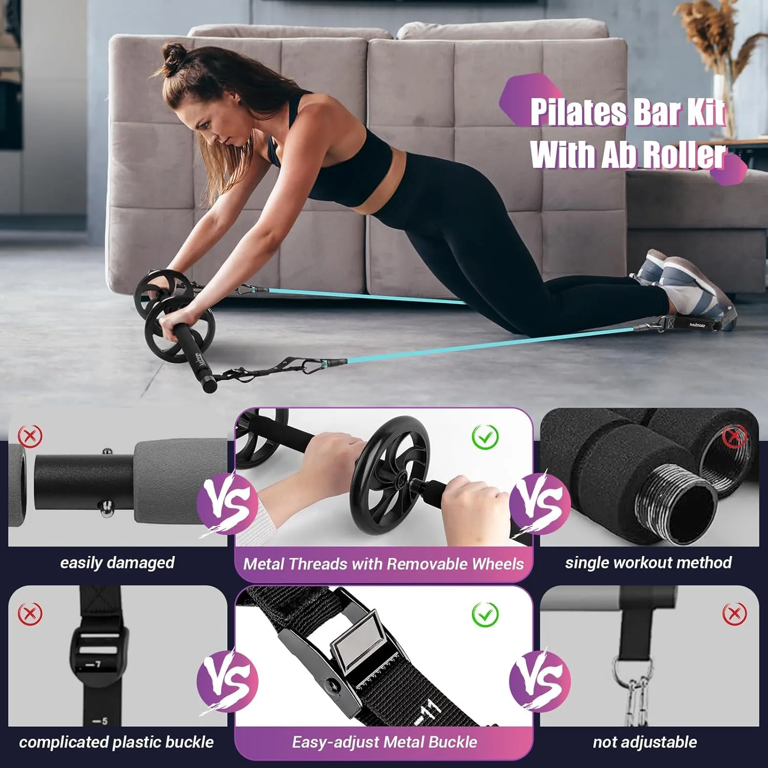 Pilates Bar Kit with Resistance Bands, Multifunctinal Exercise Bar with Ab Roller for Pilates/Abs/Weight Loss, Portable Home Gym Pilates bar kit for Full Body Training Women