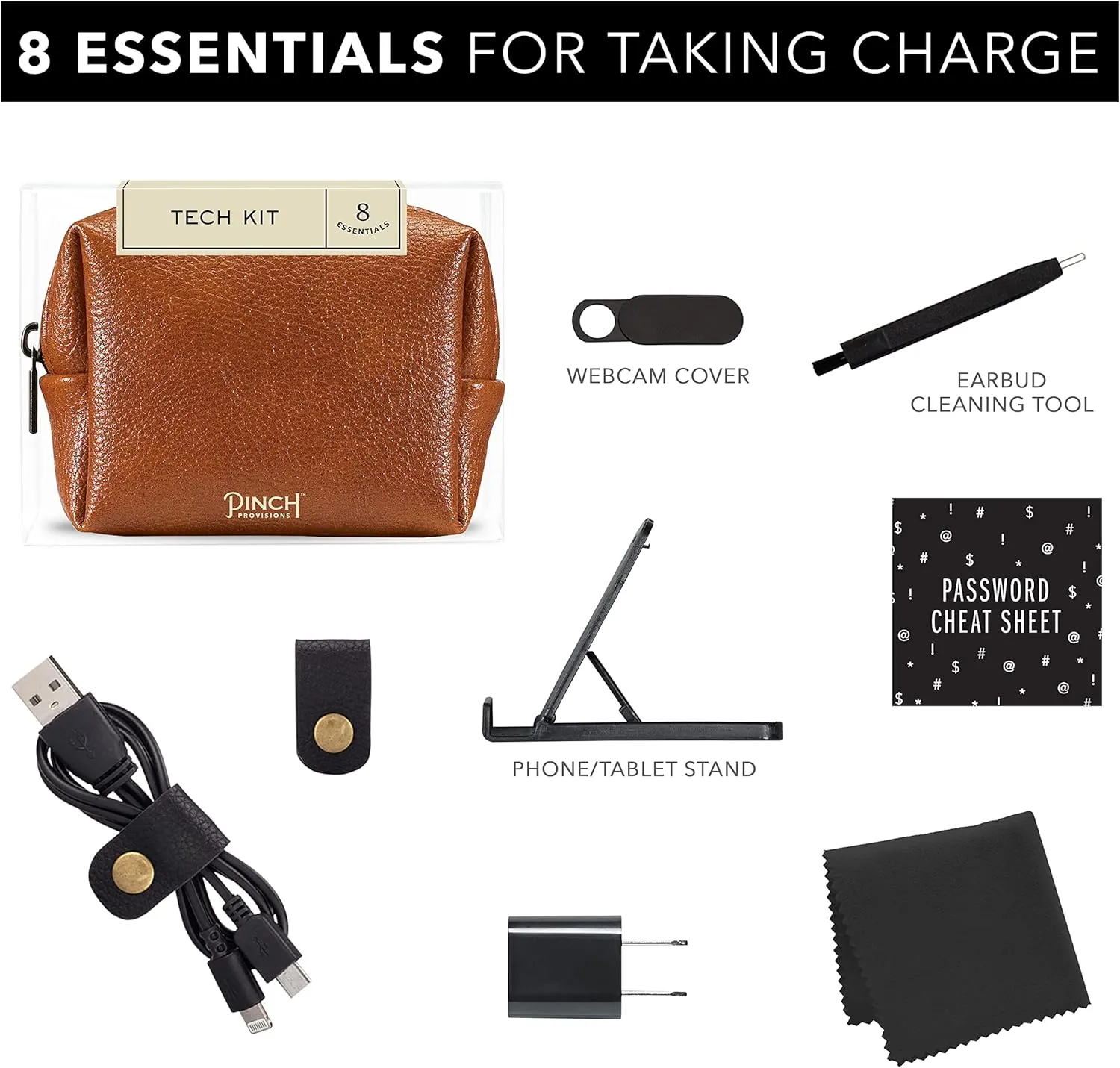 Pinch Provisions Tech Kit, Cognac Includes 8 Must-Have Emergency Essential Items for Techies, Tech Accessories, Ideal Gift for Work, Christmas & Birthdays, Portable Pouch