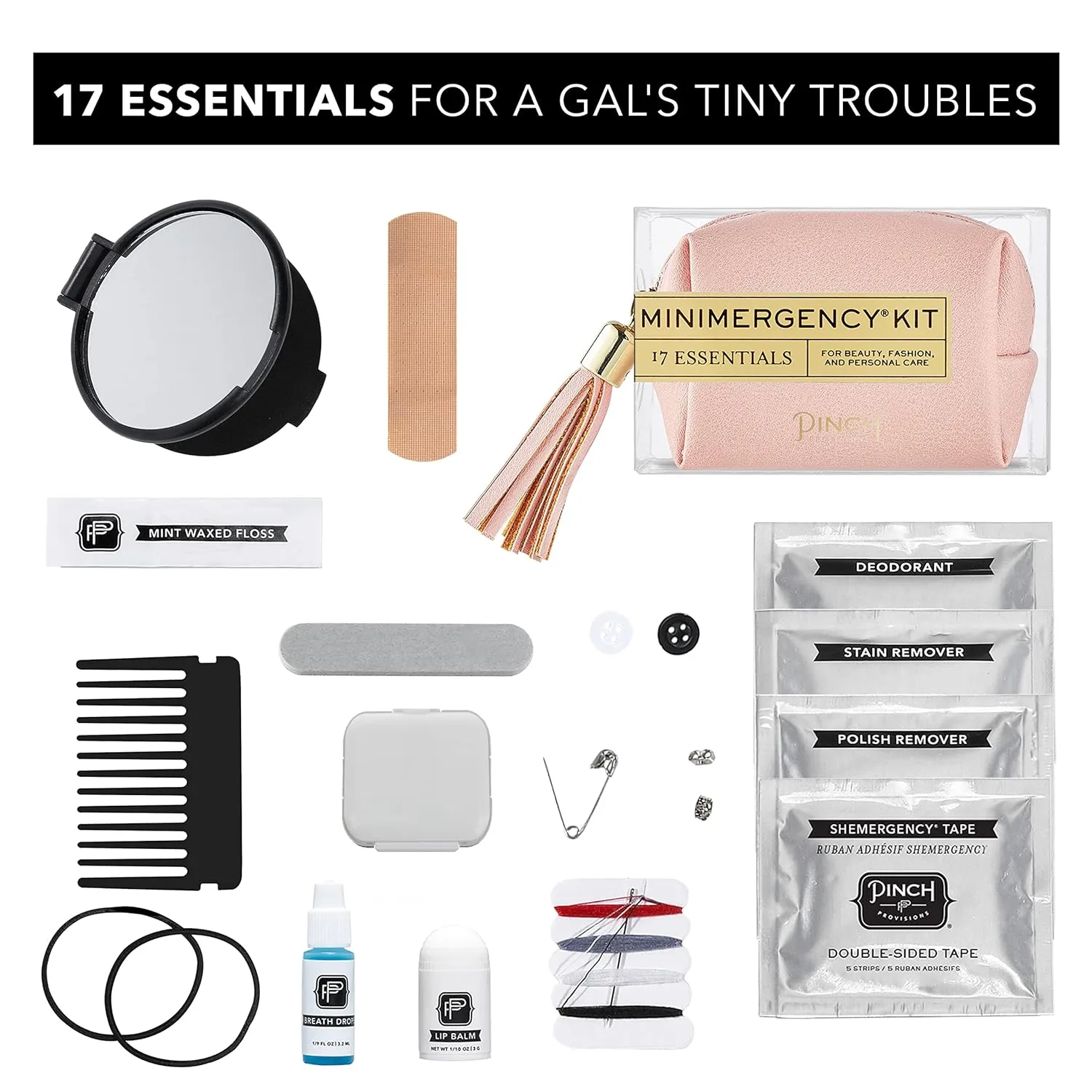 Pinch Provisions Vegan Blush Minimergency Kit, Includes 17 Travel-Sized Cosmetic Essentials, Convenient for Purses, Emergency Beauty Accessories, Gifts for Holiday’s & Birthday’s