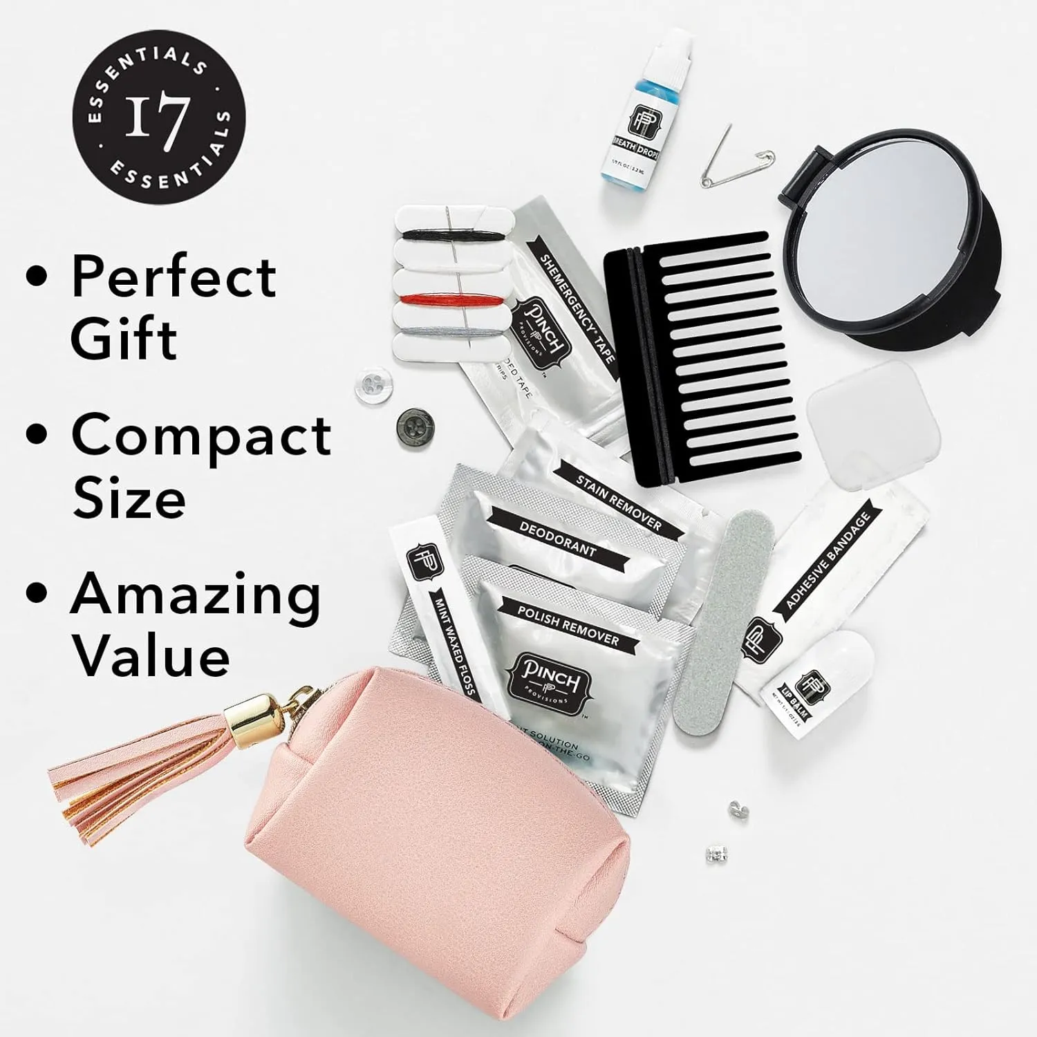Pinch Provisions Vegan Blush Minimergency Kit, Includes 17 Travel-Sized Cosmetic Essentials, Convenient for Purses, Emergency Beauty Accessories, Gifts for Holiday’s & Birthday’s