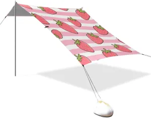 Pink White Striped Fruit Strawberry Designed UPF50 Foldable Beach Canopy Water-Resistant Sun Shade with Sandbags and Shovel for Camping, Picnics, Backyard & Fishing carpas para Playa en oferta