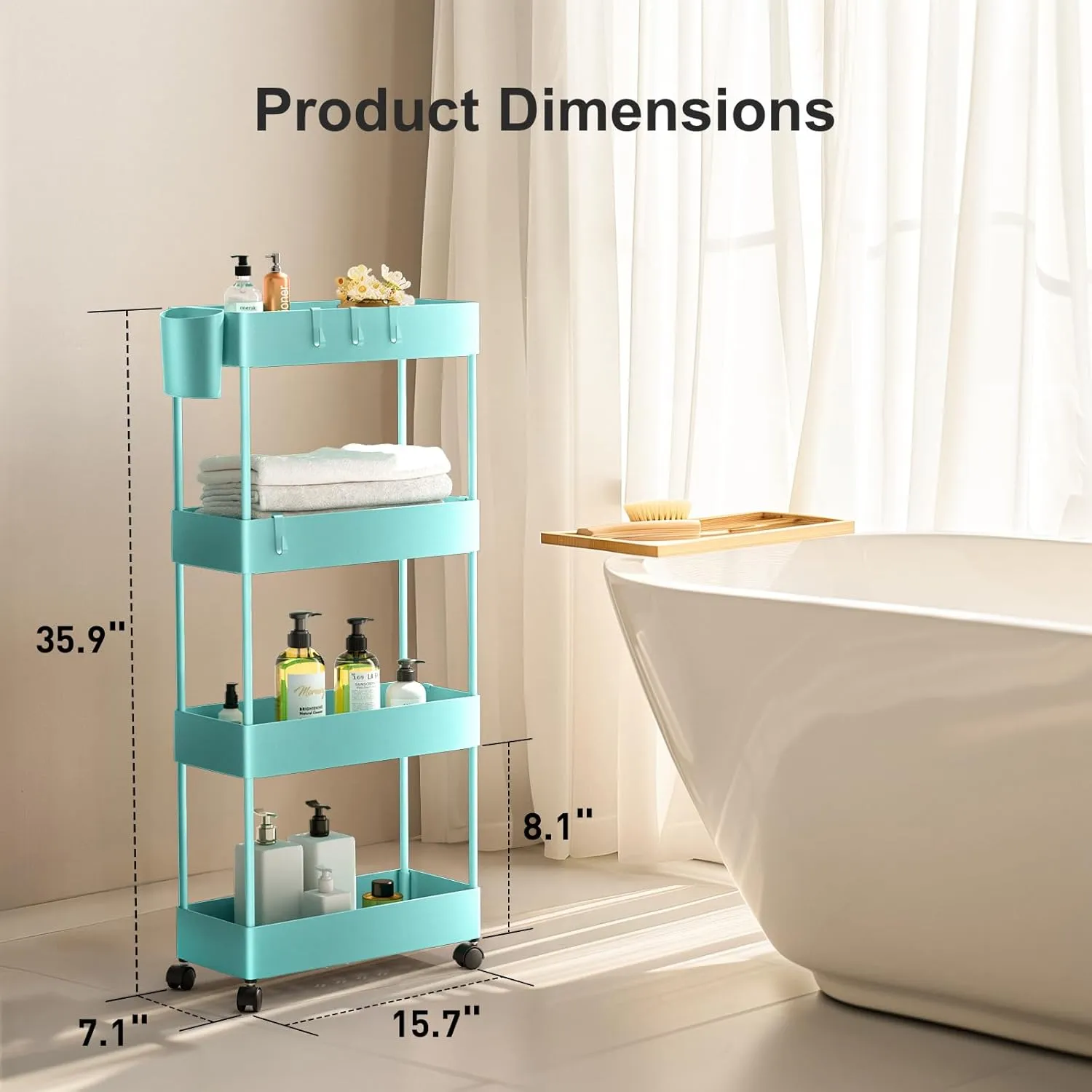 Pipishell Slim Storage Cart with Wheels, 4 Tier Bathroom Storage Organizer Rolling Utility Cart for Bathroom Kitchen Laundry Room Office Narrow Place (Turquoise)