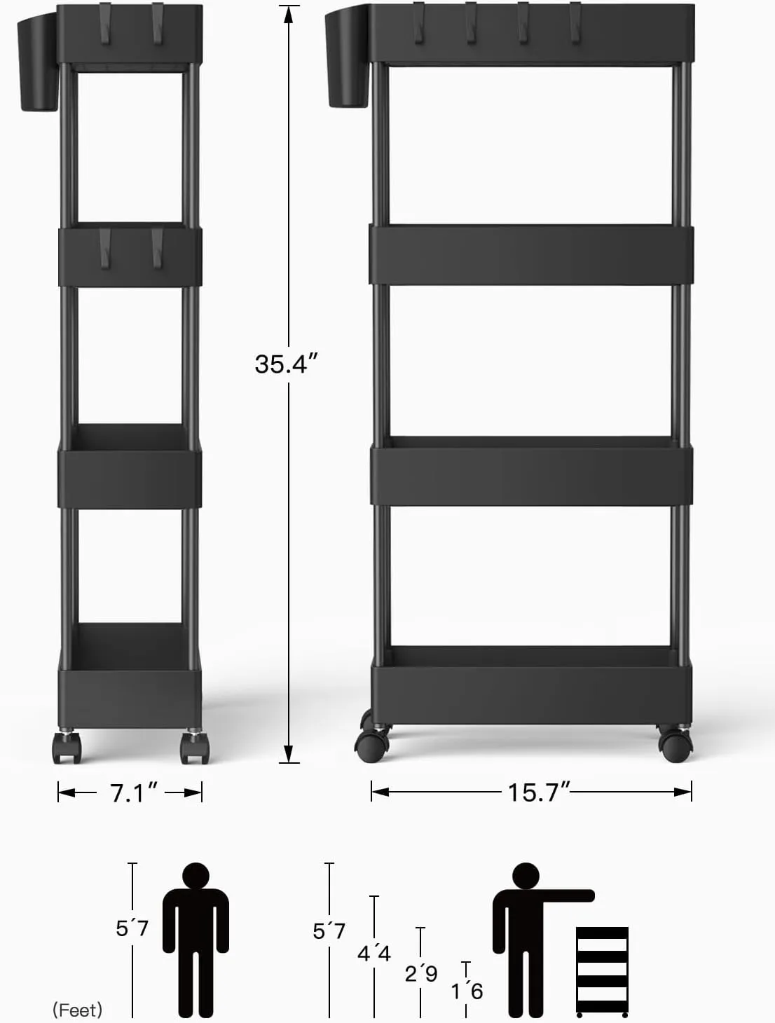 Pipishell Slim Storage Cart with Wheels, Bathroom Cart Organizer Bathroom Storage Small, Rolling Cart for Bathroom, Laundry Room, Kitchen, Narrow Space, Black PIUC05