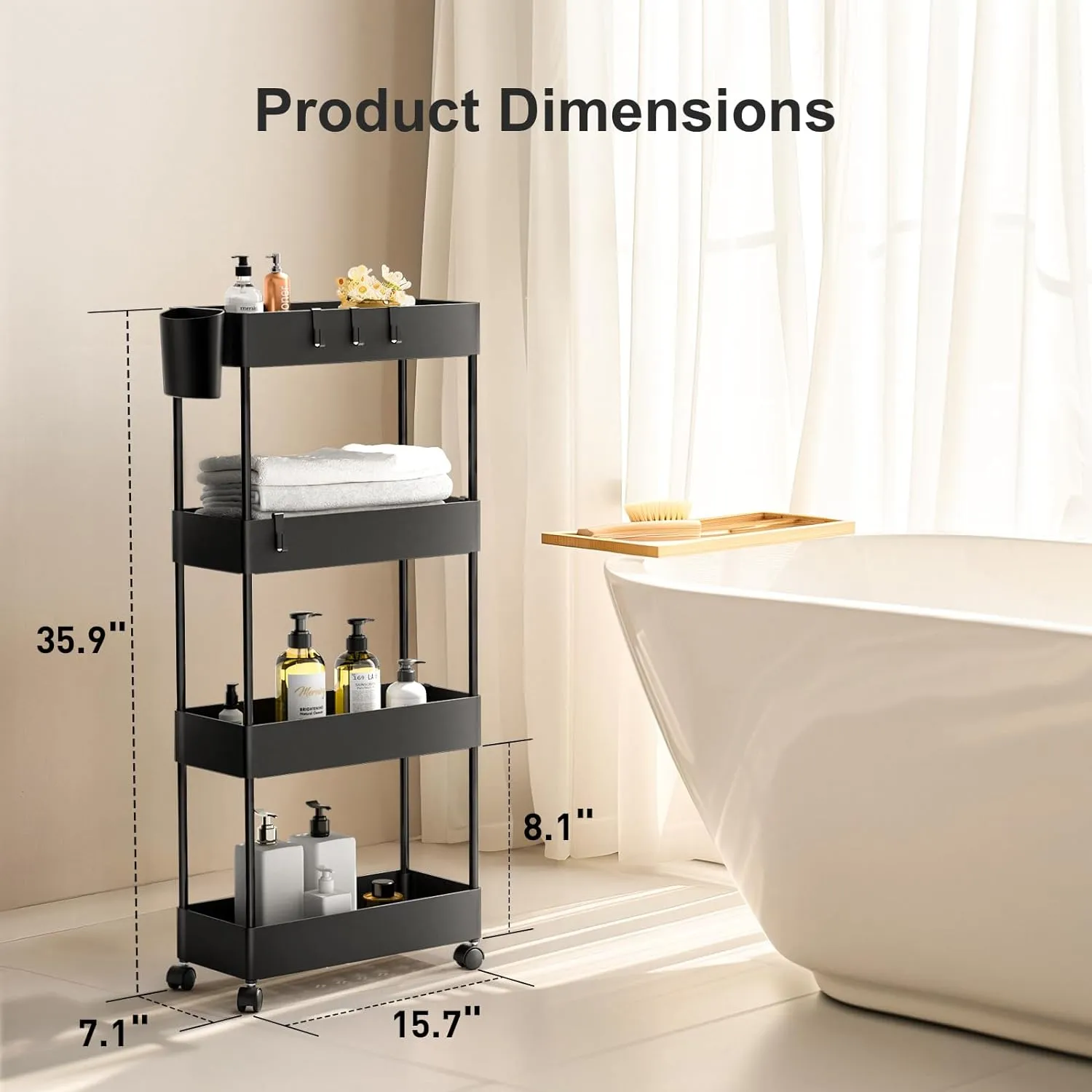 Pipishell Slim Storage Cart with Wheels, Bathroom Cart Organizer Bathroom Storage Small, Rolling Cart for Bathroom, Laundry Room, Kitchen, Narrow Space, Black PIUC05