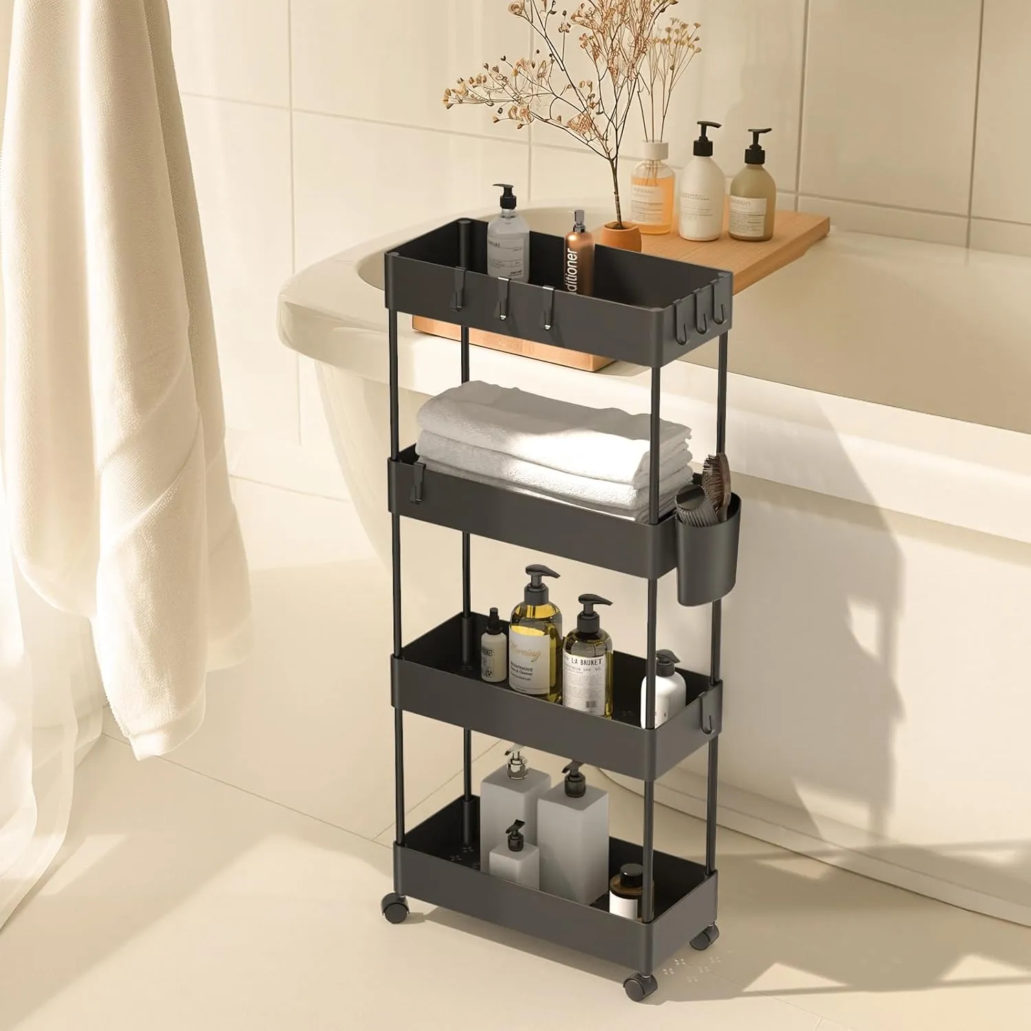 Pipishell Slim Storage Cart with Wheels, Bathroom Cart Organizer Bathroom Storage Small, Rolling Cart for Bathroom, Laundry Room, Kitchen, Narrow Space, Black PIUC05