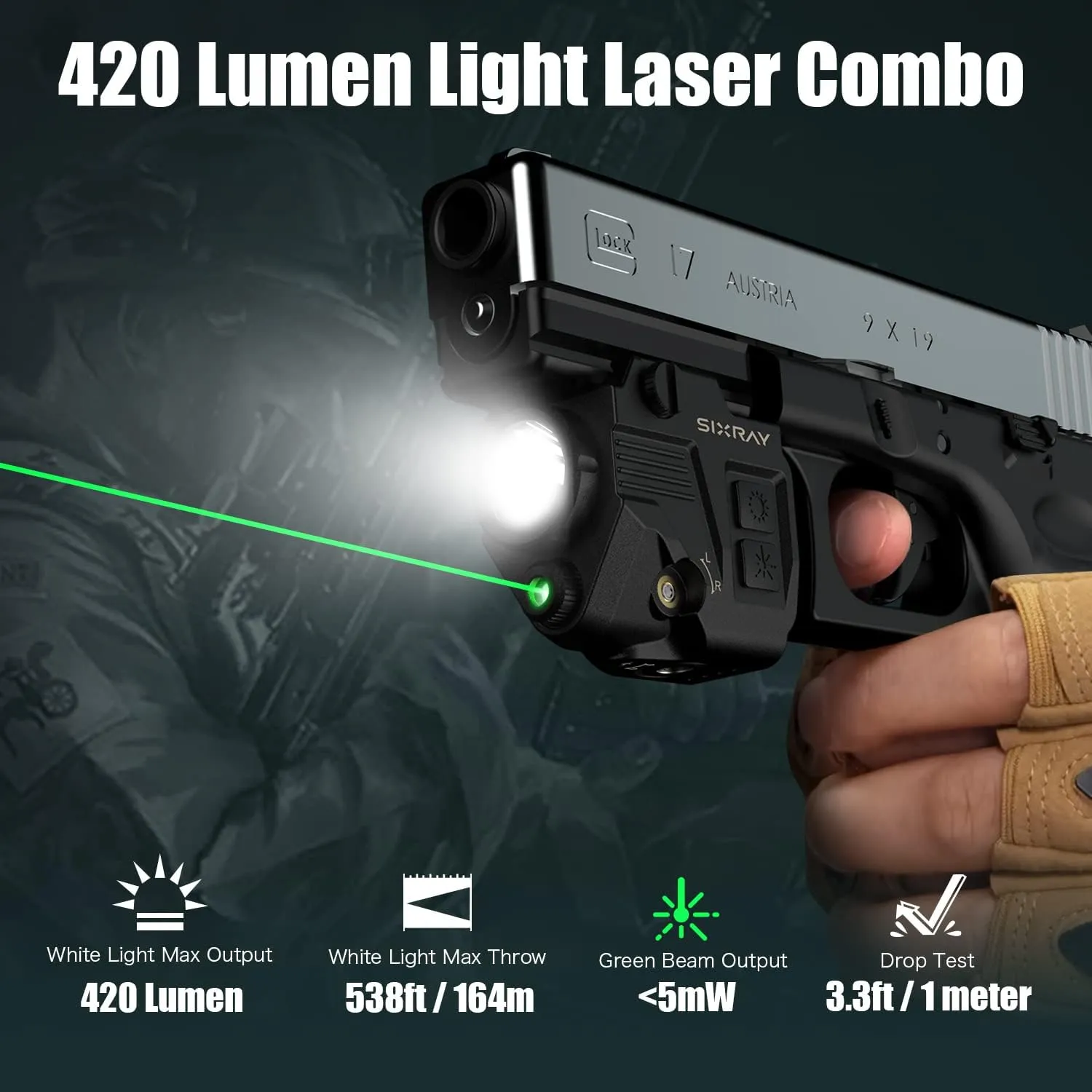 Pistol Light Laser Sight Gun Light 420 Lumens LED Picatinny Weaver Rail with Magnetic Charging Quick Release Strobe Function Laser Light Combo for Airsoft Handguns Pistol Rifle