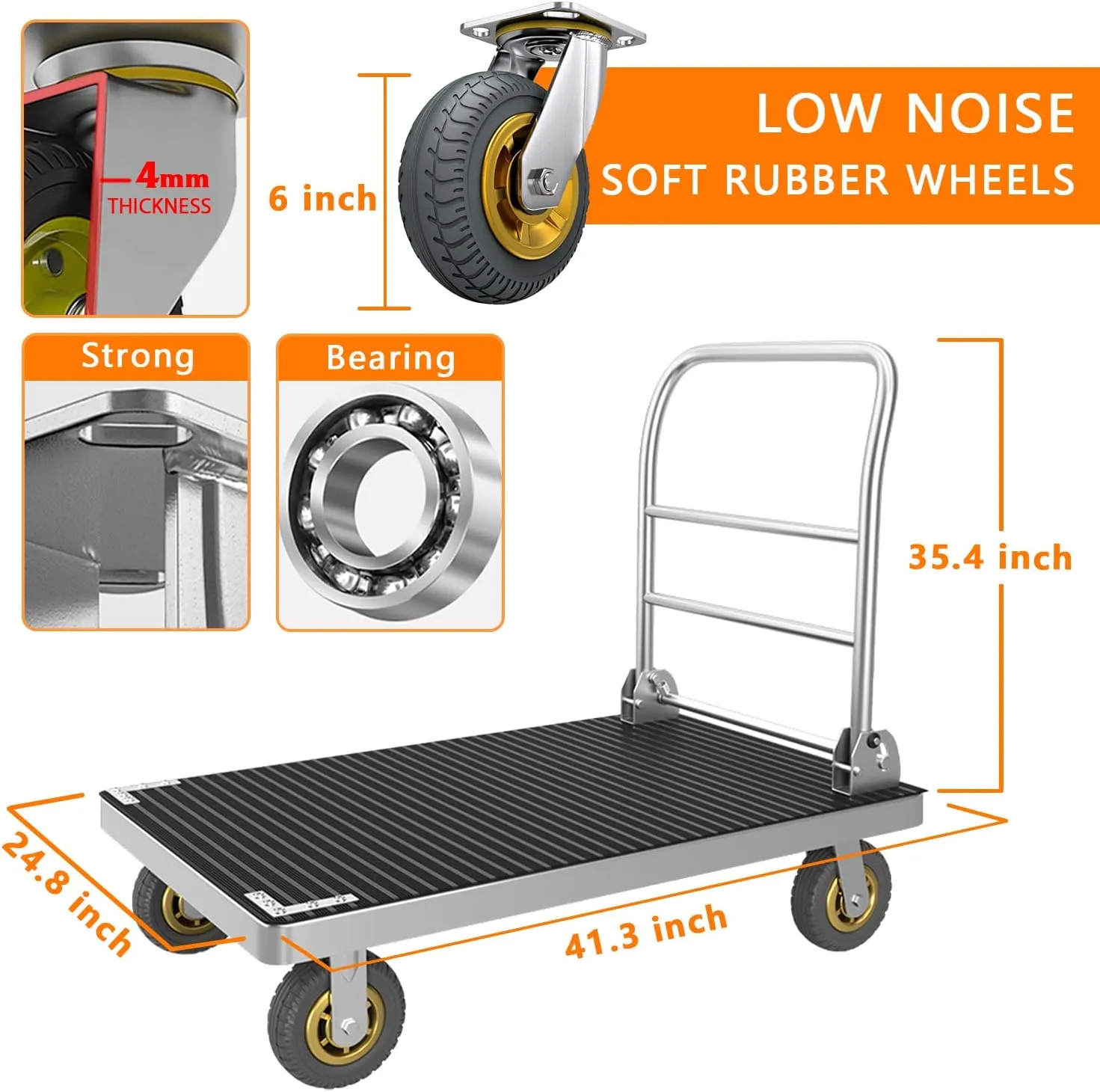 Platform Truck Cart, Foldable Push Cart Dolly Large Flatbed w/Rubber Mat and 6'' Wheels, 2200LBS Capacity Steel Heavy Duty Moving Platform Trucks Hand Cart for Groceries, Garage (41.3"x24.8")