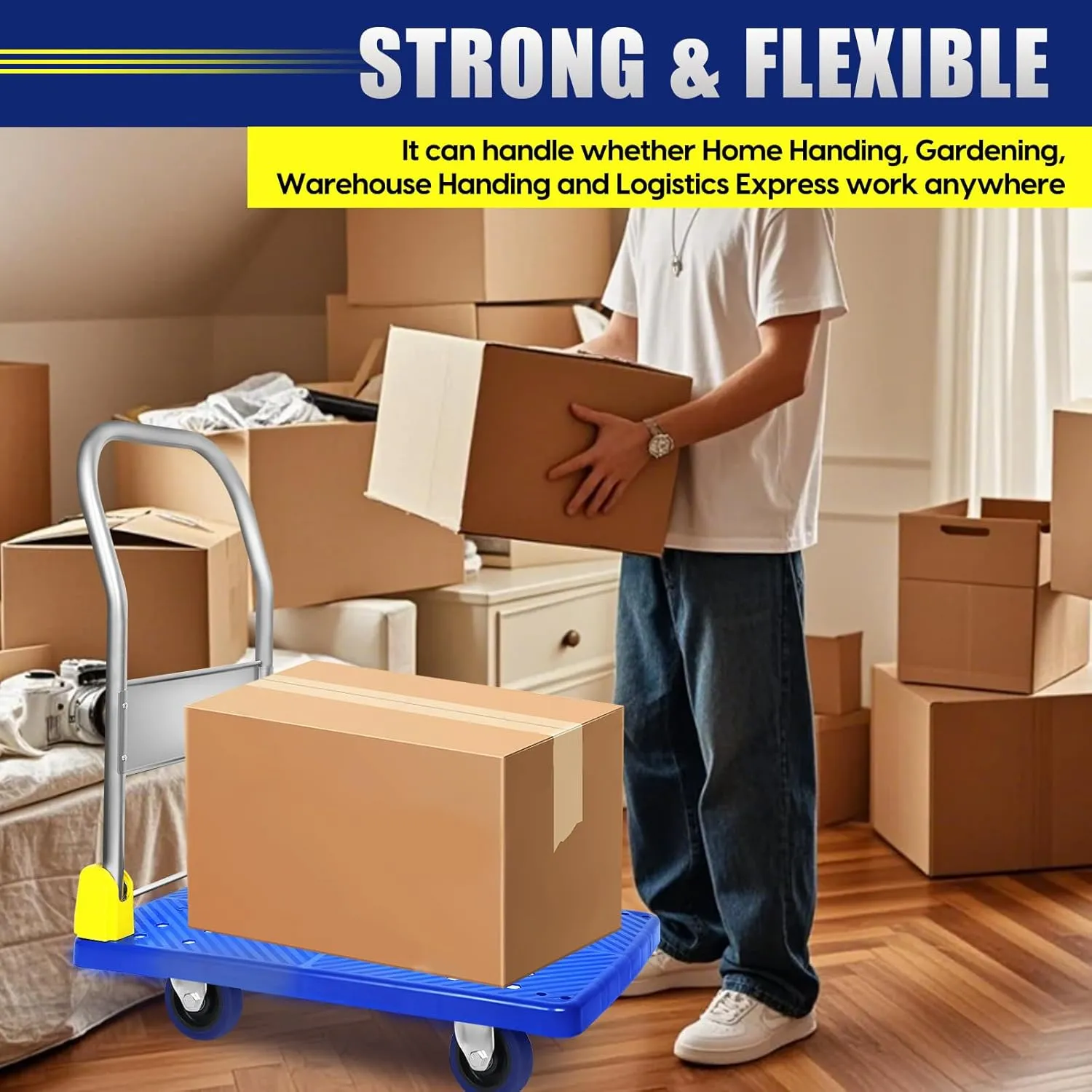 Platform Truck with 440lb Weight Capacity and 360 Degree Swivel Wheels, Foldable Push Hand Cart for Loading and Storage, Blue