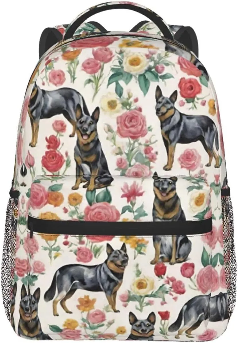 Polyester Daypack for Camping Travel Walking Cycling - Big Capacity Anti-Theft Multipurpose Bookbag, Australian Cattle Dog Florals Art Camping Outdoor Backpack