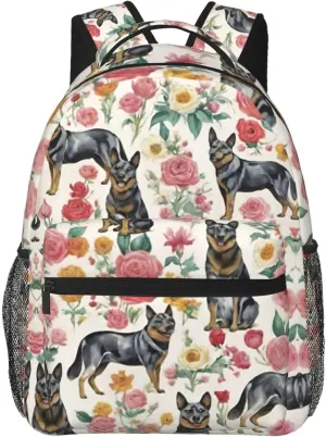Polyester Daypack for Camping Travel Walking Cycling - Big Capacity Anti-Theft Multipurpose Bookbag, Australian Cattle Dog Florals Art Camping Outdoor Backpack