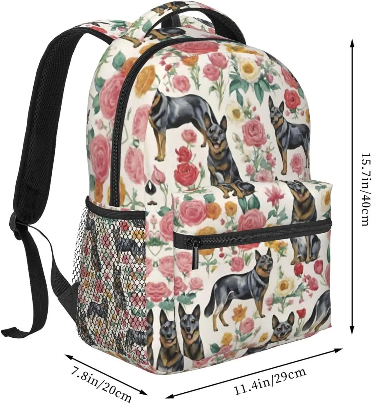Polyester Daypack for Camping Travel Walking Cycling - Big Capacity Anti-Theft Multipurpose Bookbag, Australian Cattle Dog Florals Art Camping Outdoor Backpack
