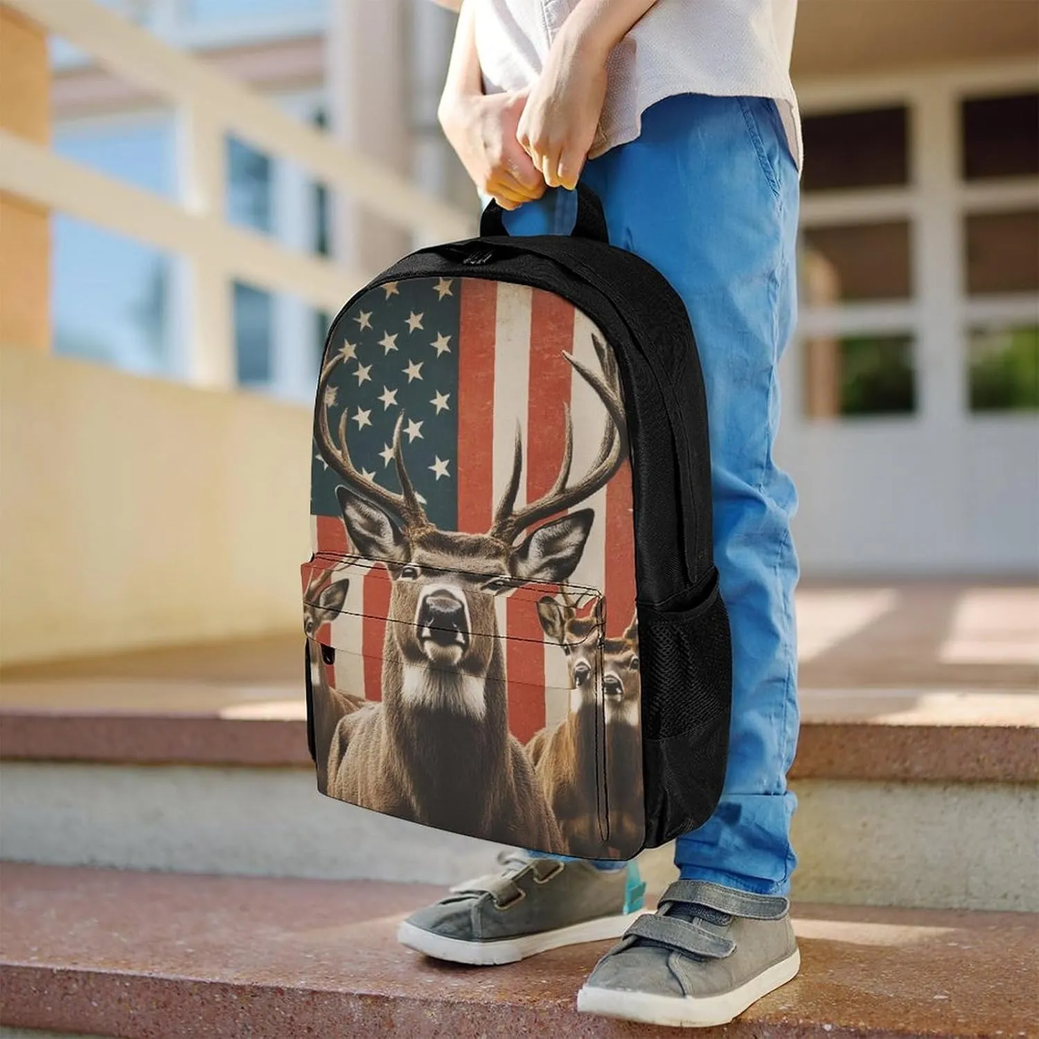 Polyester Daypack for Hiking Work Running - Big Capacity Anti-Theft Multipurpose Shoulder Bag, American Us Flag Hunting Camo Deer Travel and Sport Backpack Rucksack