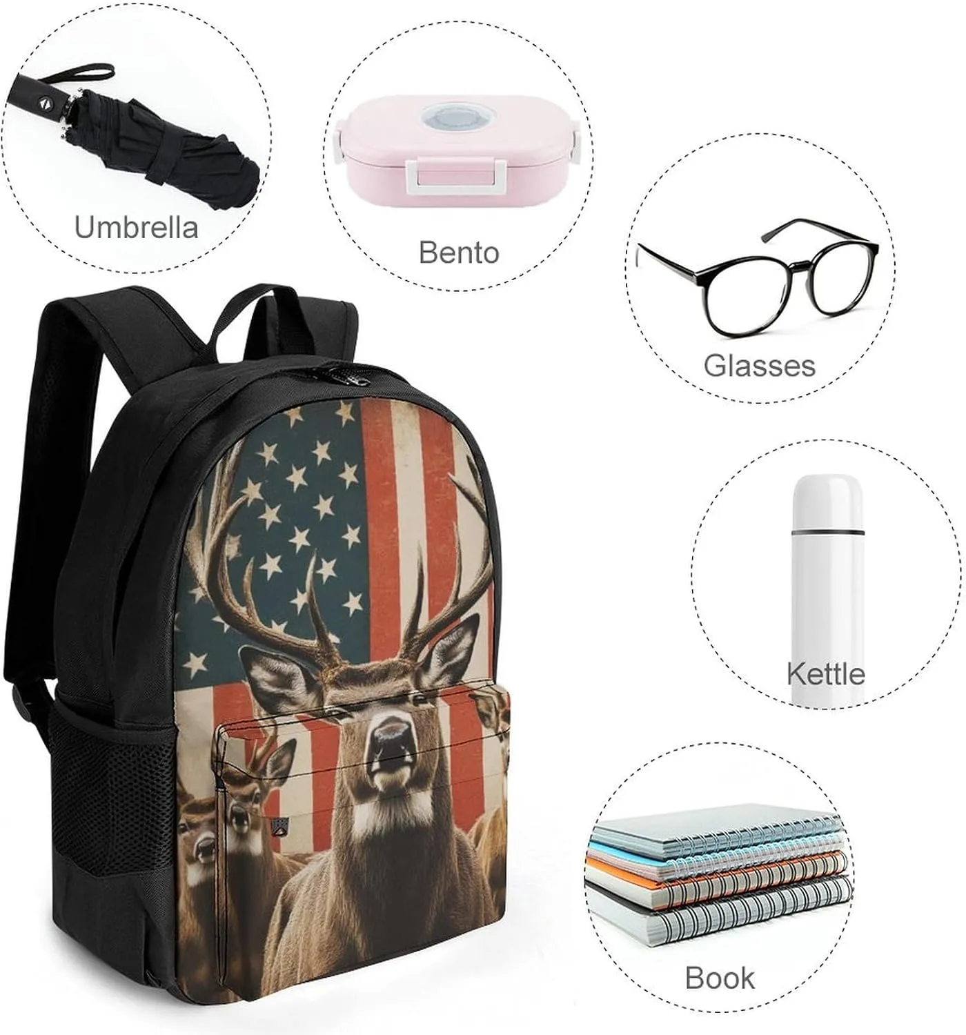 Polyester Daypack for Hiking Work Running - Big Capacity Anti-Theft Multipurpose Shoulder Bag, American Us Flag Hunting Camo Deer Travel and Sport Backpack Rucksack