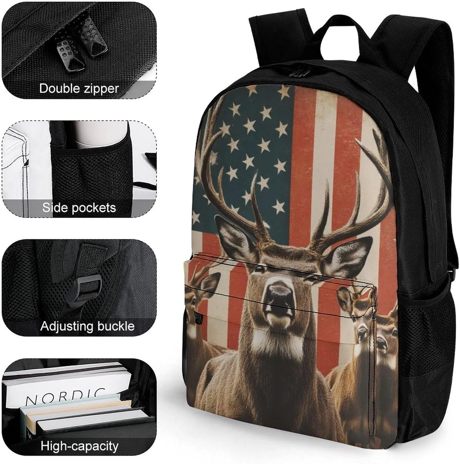 Polyester Daypack for Hiking Work Running - Big Capacity Anti-Theft Multipurpose Shoulder Bag, American Us Flag Hunting Camo Deer Travel and Sport Backpack Rucksack