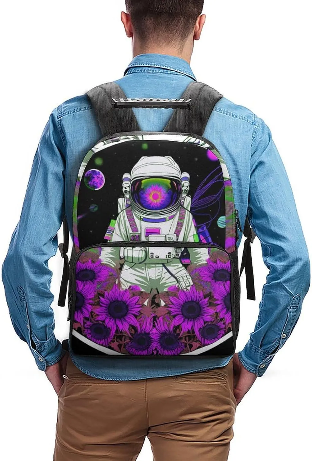 Polyester Daypack for Hiking Work Running - Big Capacity Anti-Theft Multipurpose Shoulder Bag, Psychedelic Space Astronaut Sunflower Snake Art Travel and Sport Backpack Rucksack