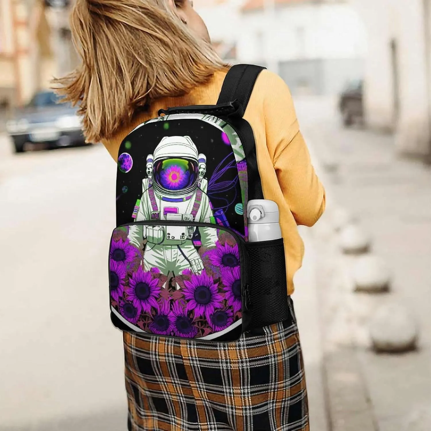 Polyester Daypack for Hiking Work Running - Big Capacity Anti-Theft Multipurpose Shoulder Bag, Psychedelic Space Astronaut Sunflower Snake Art Travel and Sport Backpack Rucksack