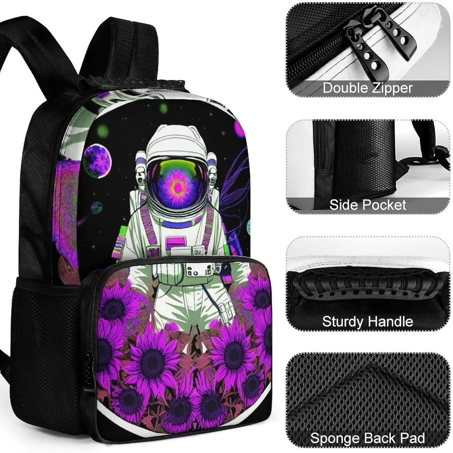 Polyester Daypack for Hiking Work Running - Big Capacity Anti-Theft Multipurpose Shoulder Bag, Psychedelic Space Astronaut Sunflower Snake Art Travel and Sport Backpack Rucksack