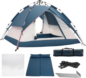 Pop-Up Camping Tent,Dome Tent,3-4 Person Family Tent with Thick Air Mattress Pad, Carry Bag, and Spacious Interior,Lightweight Tent for Camping, Traveling, Hiking, Outdoor(B,Blue)