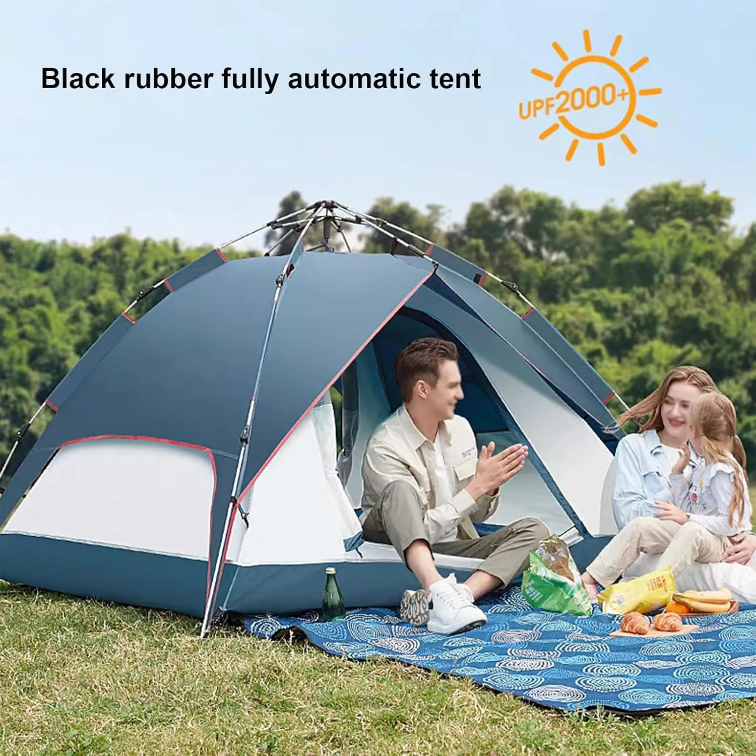 Pop-Up Camping Tent,Dome Tent,3-4 Person Family Tent with Thick Air Mattress Pad, Carry Bag, and Spacious Interior,Lightweight Tent for Camping, Traveling, Hiking, Outdoor(B,Blue)