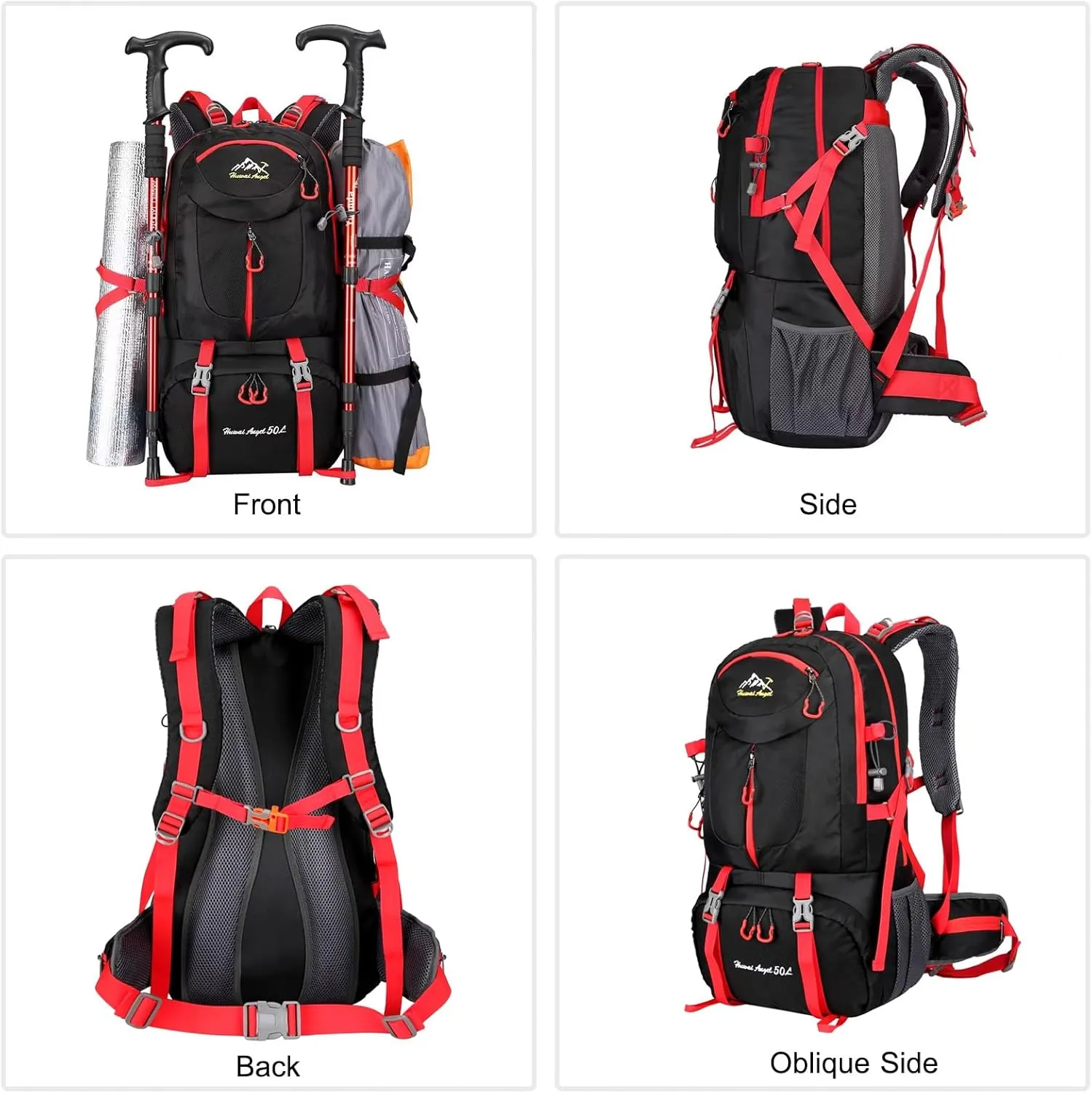 PORRASSO 50L Hiking Backpack Trekking Rucksack Waterproof Daypack Durable Backpack for Women Men Camping Cycling Climbing Outdoor Sports Black
