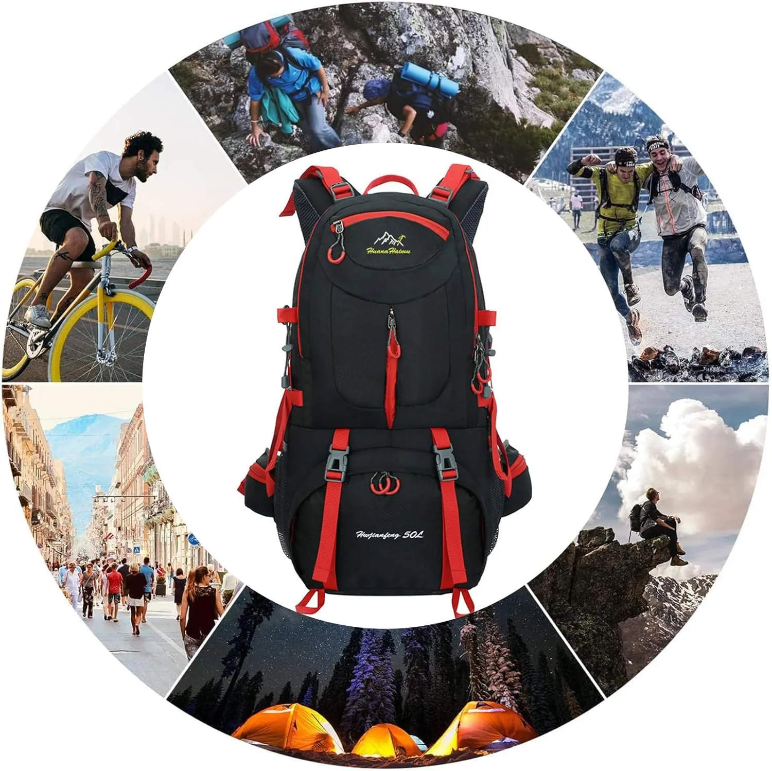 PORRASSO 50L Hiking Backpack Trekking Rucksack Waterproof Daypack Durable Backpack for Women Men Camping Cycling Climbing Outdoor Sports Black