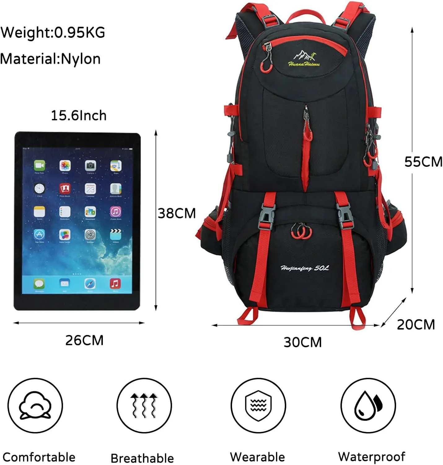 PORRASSO 50L Hiking Backpack Trekking Rucksack Waterproof Daypack Durable Backpack for Women Men Camping Cycling Climbing Outdoor Sports Black