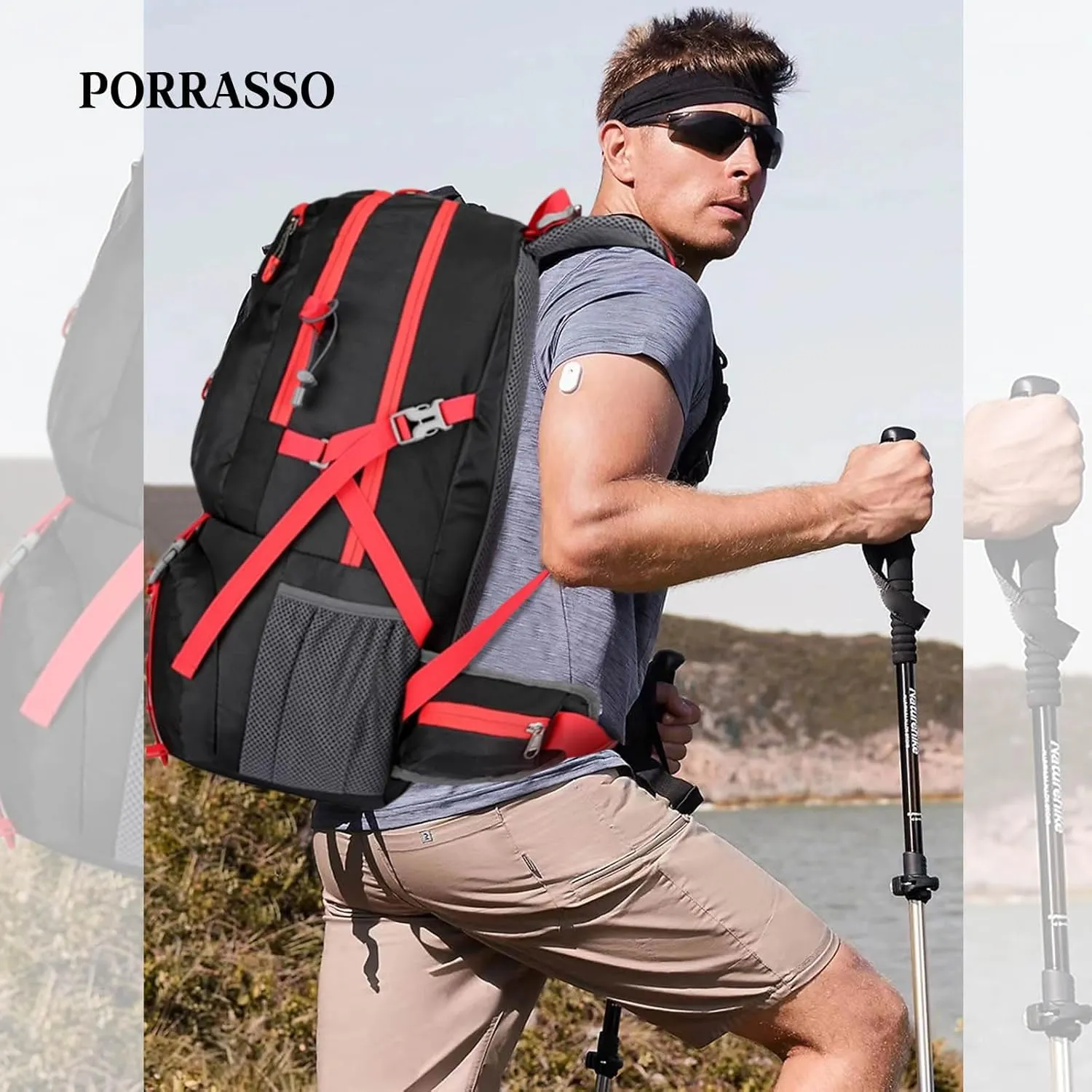 PORRASSO 50L Hiking Backpack Trekking Rucksack Waterproof Daypack Durable Backpack for Women Men Camping Cycling Climbing Outdoor Sports Black