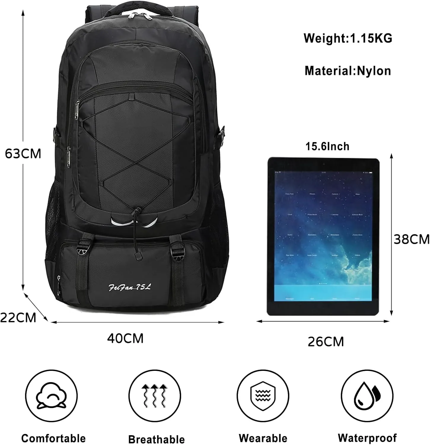 PORRASSO 75L Hiking Backpack Trekking Rucksack Waterproof Daypack Durable Backpack for Women Men Camping Climbing Travel Outdoor Sports Black