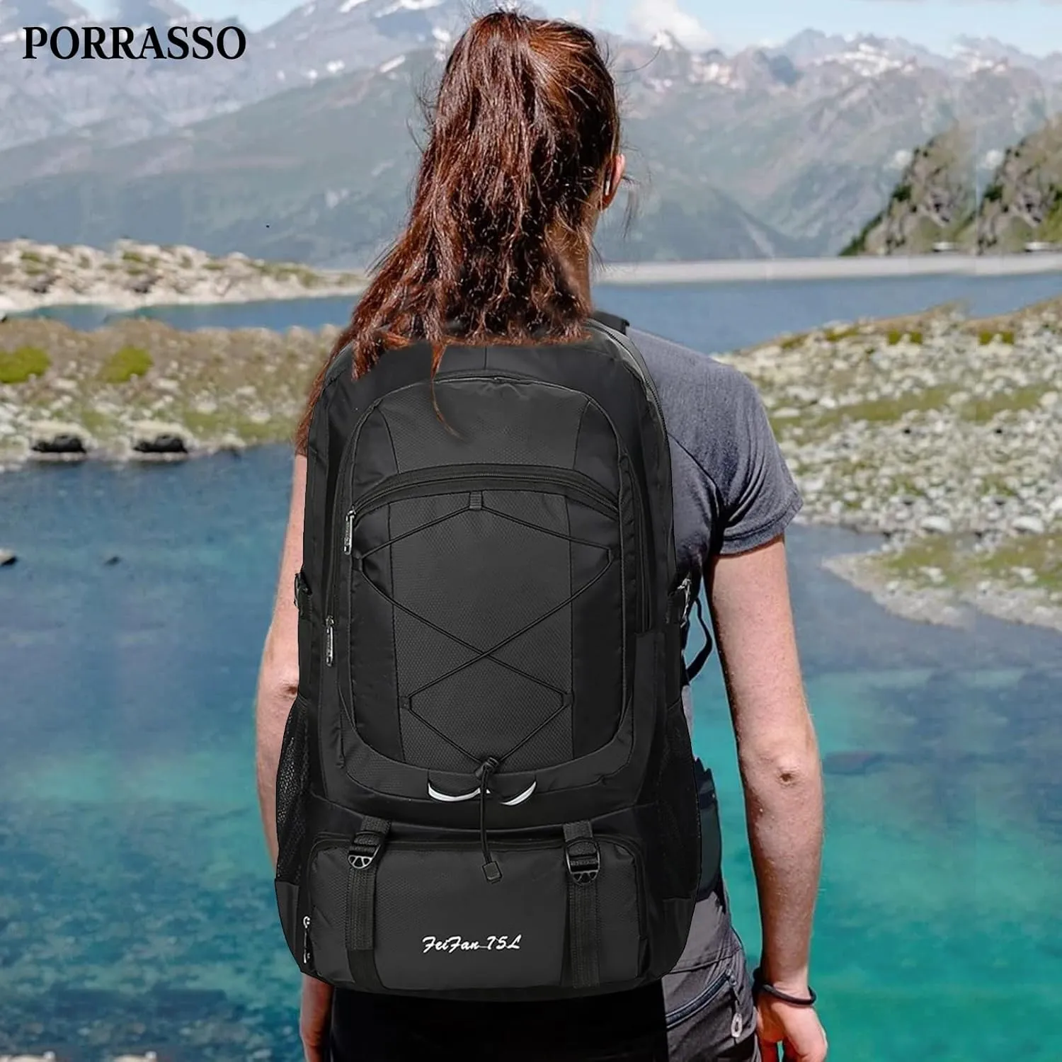 PORRASSO 75L Hiking Backpack Trekking Rucksack Waterproof Daypack Durable Backpack for Women Men Camping Climbing Travel Outdoor Sports Black