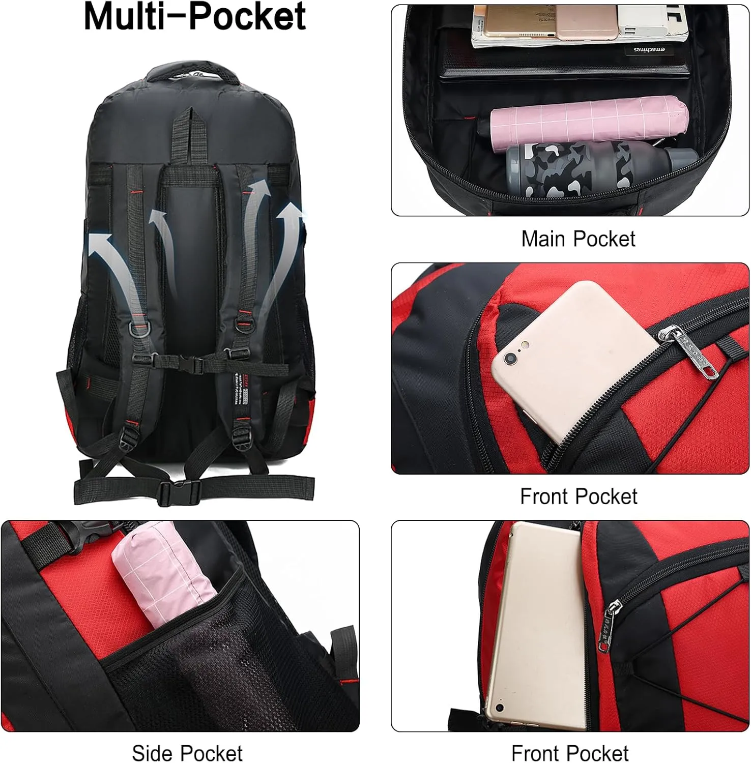 PORRASSO 75L Hiking Backpack Trekking Rucksack Waterproof Daypack Durable Backpack for Women Men Camping Climbing Travel Outdoor Sports Black