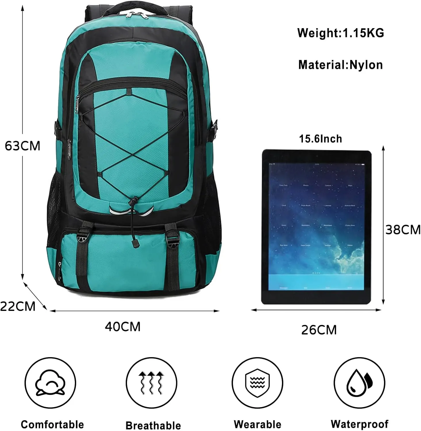 PORRASSO 75L Hiking Backpack Trekking Rucksack Waterproof Daypack Durable Backpack for Women Men Camping Climbing Travel Outdoor Sports Green