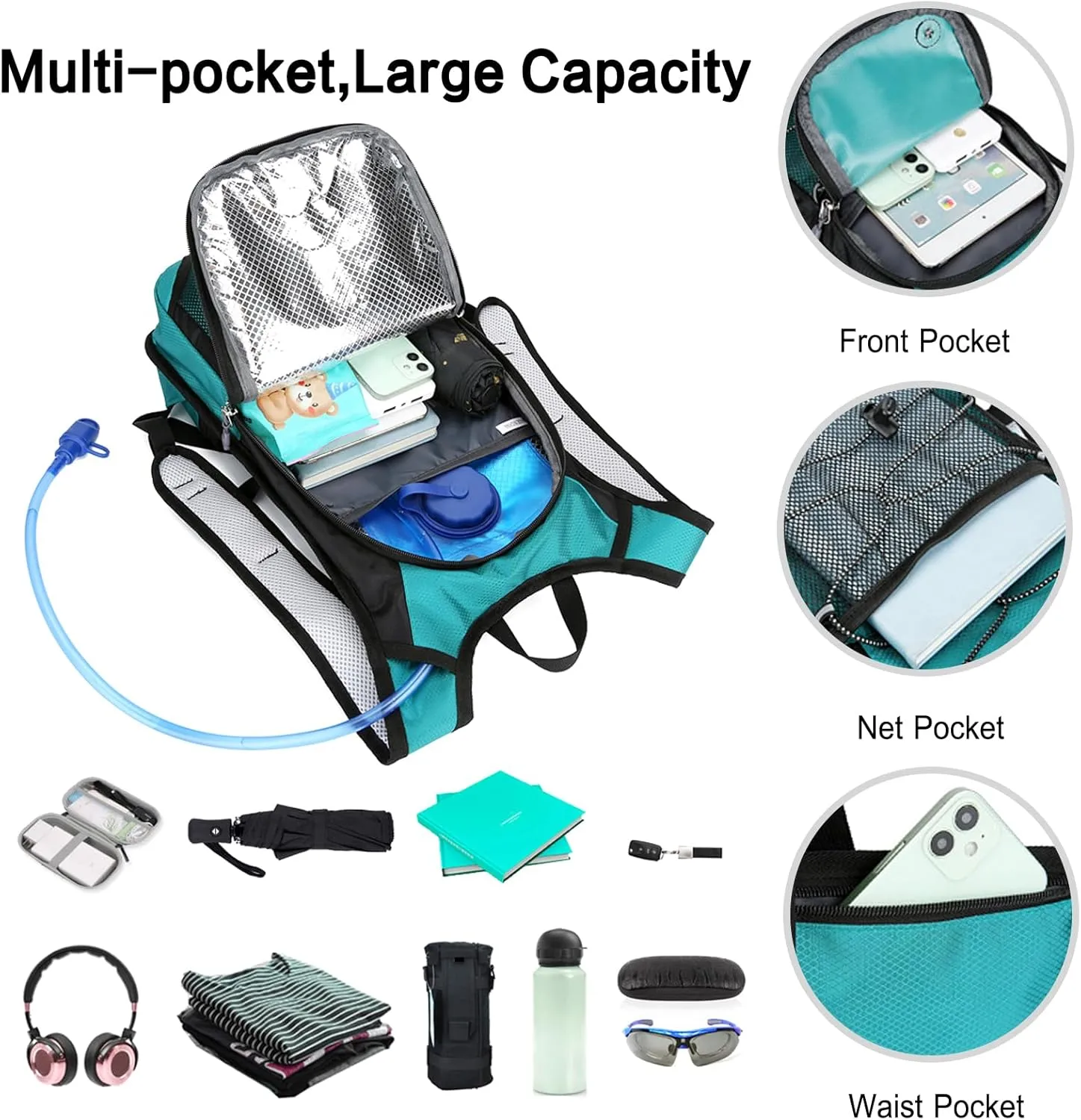 PORRASSO Hiking Backpack 19L Waterproof Daypack Rucksack with Earphone Hole Breathable Backpack for Women Men Trekking Cycling Climbing Outdoor Sports Light Blue