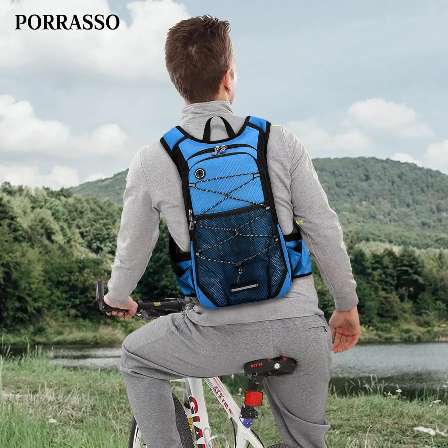 PORRASSO Hiking Backpack 19L Waterproof Daypack Rucksack with Earphone Hole Breathable Backpack for Women Men Trekking Cycling Climbing Outdoor Sports Light Blue