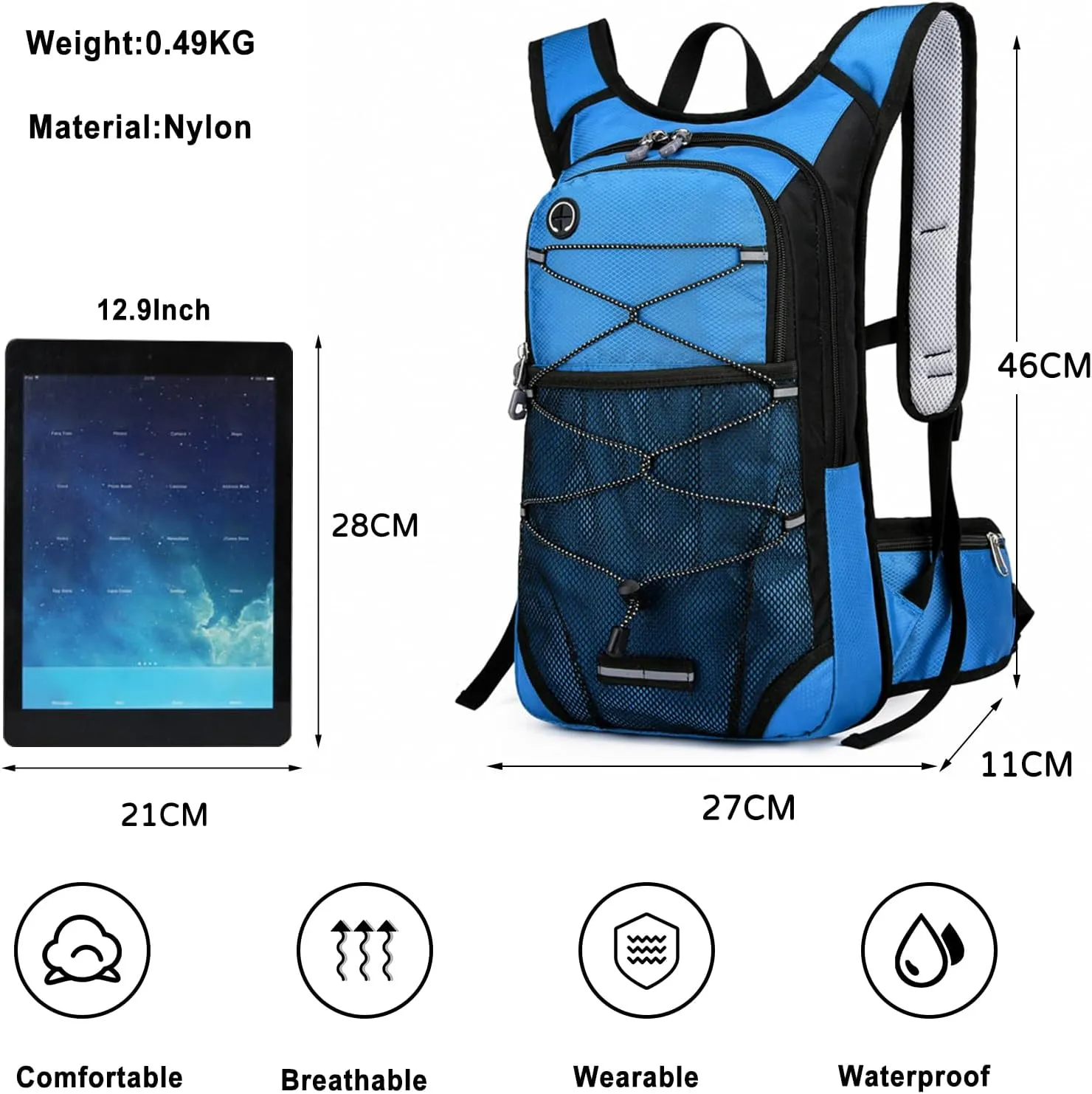 PORRASSO Hiking Backpack 19L Waterproof Daypack Rucksack with Earphone Hole Breathable Backpack for Women Men Trekking Cycling Climbing Outdoor Sports Light Blue