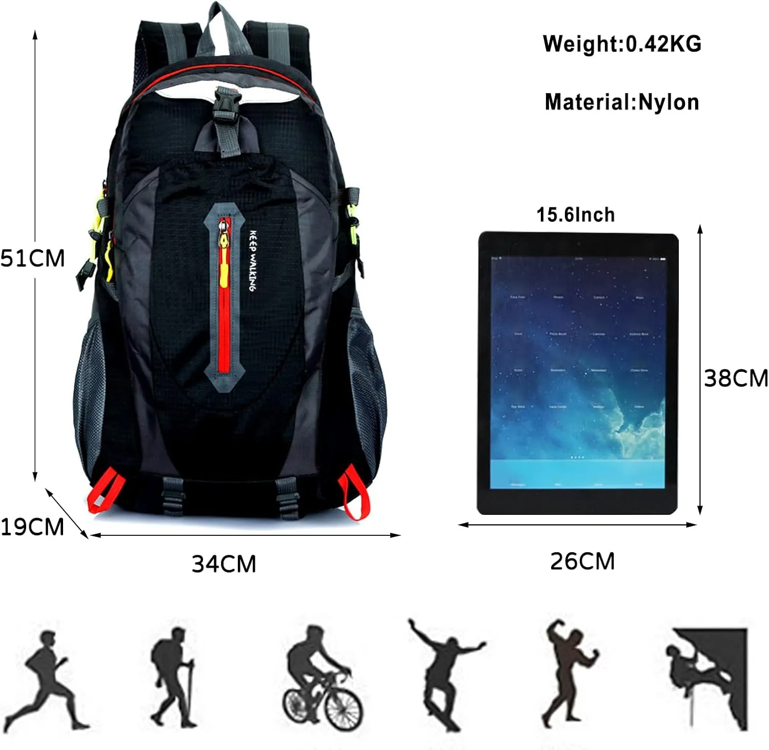PORRASSO Hiking Backpack Waterproof Rucksack 25L Daypack Durable Backpack for Women Men Camping Climbing Travel Outdoor Sports Black