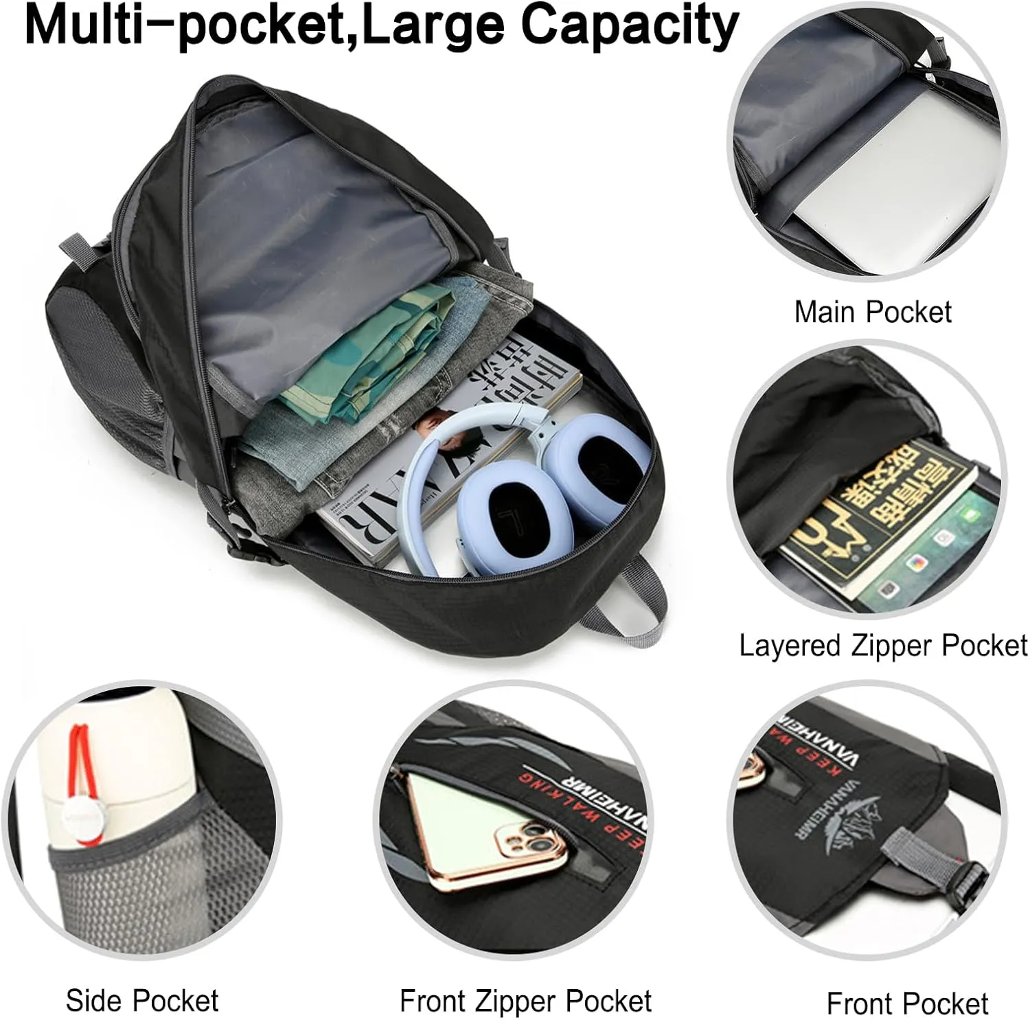 PORRASSO Hiking Backpack Waterproof Rucksack 25L Daypack Durable Backpack for Women Men Camping Climbing Travel Outdoor Sports Black