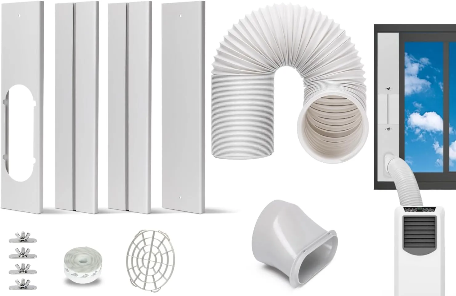 Portable AC Window Kit with Exhaust Hose, Air Conditioners Kits Parts Adjustable Window Seals for Sliding Window, Universal Vertical Sliding AC Vent Kit with 5.9” Round Coupler (59" Exhaust Hose Set)