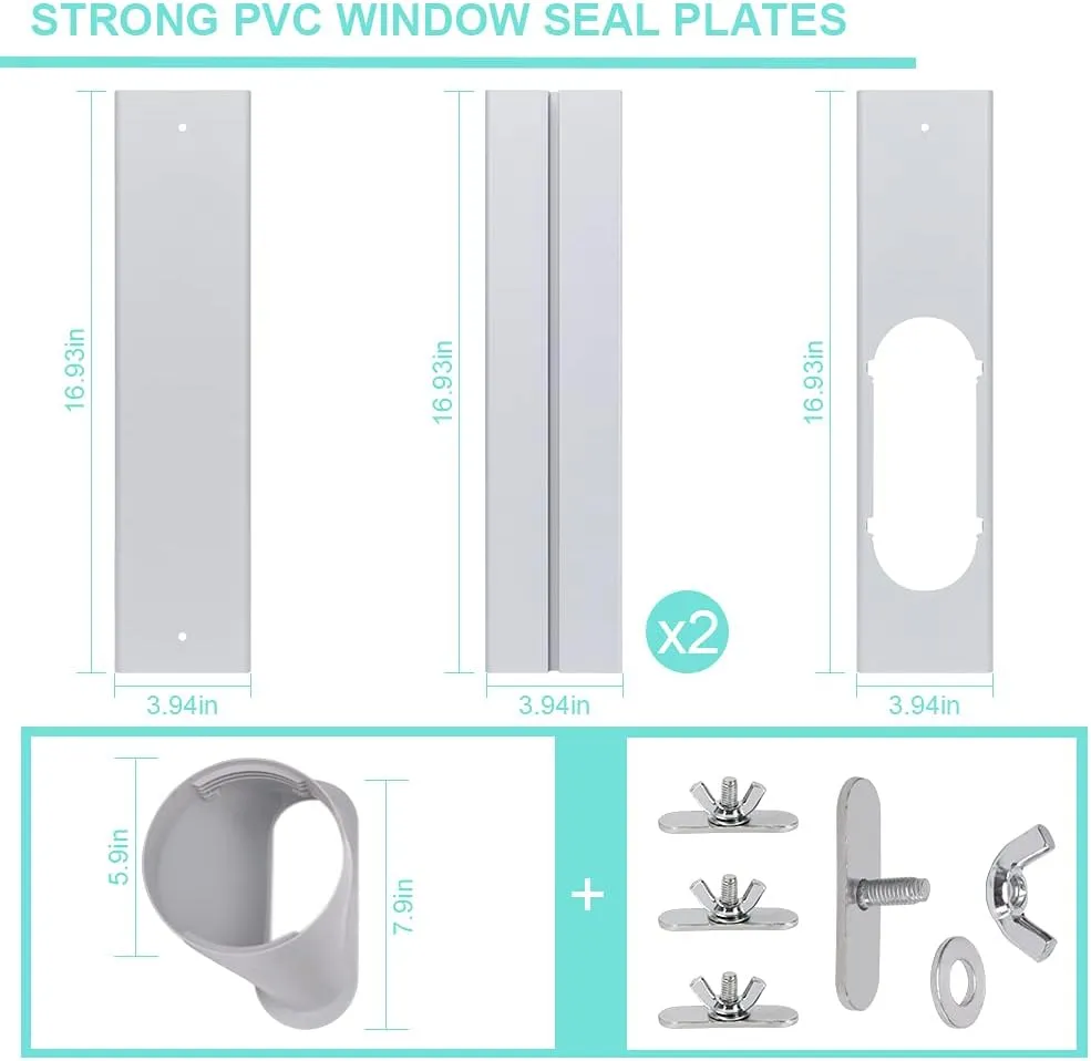 Portable AC Window Kit with Exhaust Hose, Air Conditioners Kits Parts Adjustable Window Seals for Sliding Window, Universal Vertical Sliding AC Vent Kit with 5.9” Round Coupler (59" Exhaust Hose Set)