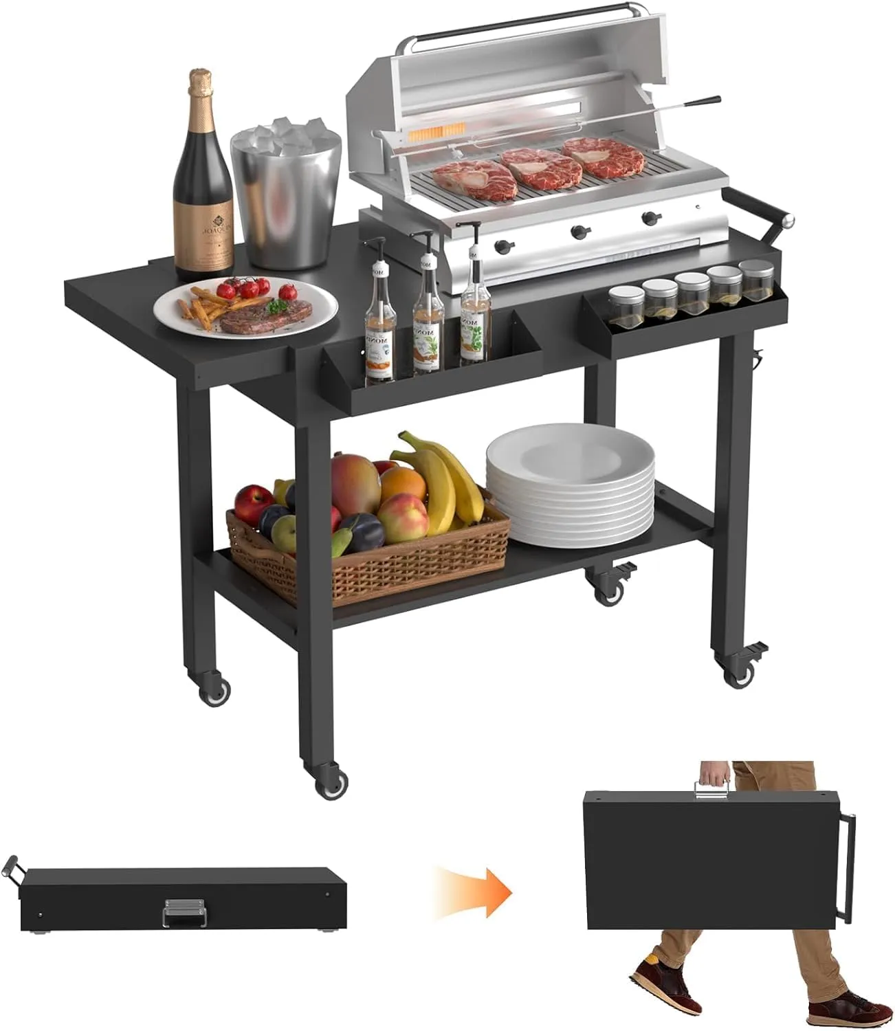 Portable BBQ Grill Cart with Prep Table, Outdoor Folding Utility Table with Wheels, Spice Rack, Bottle Opener